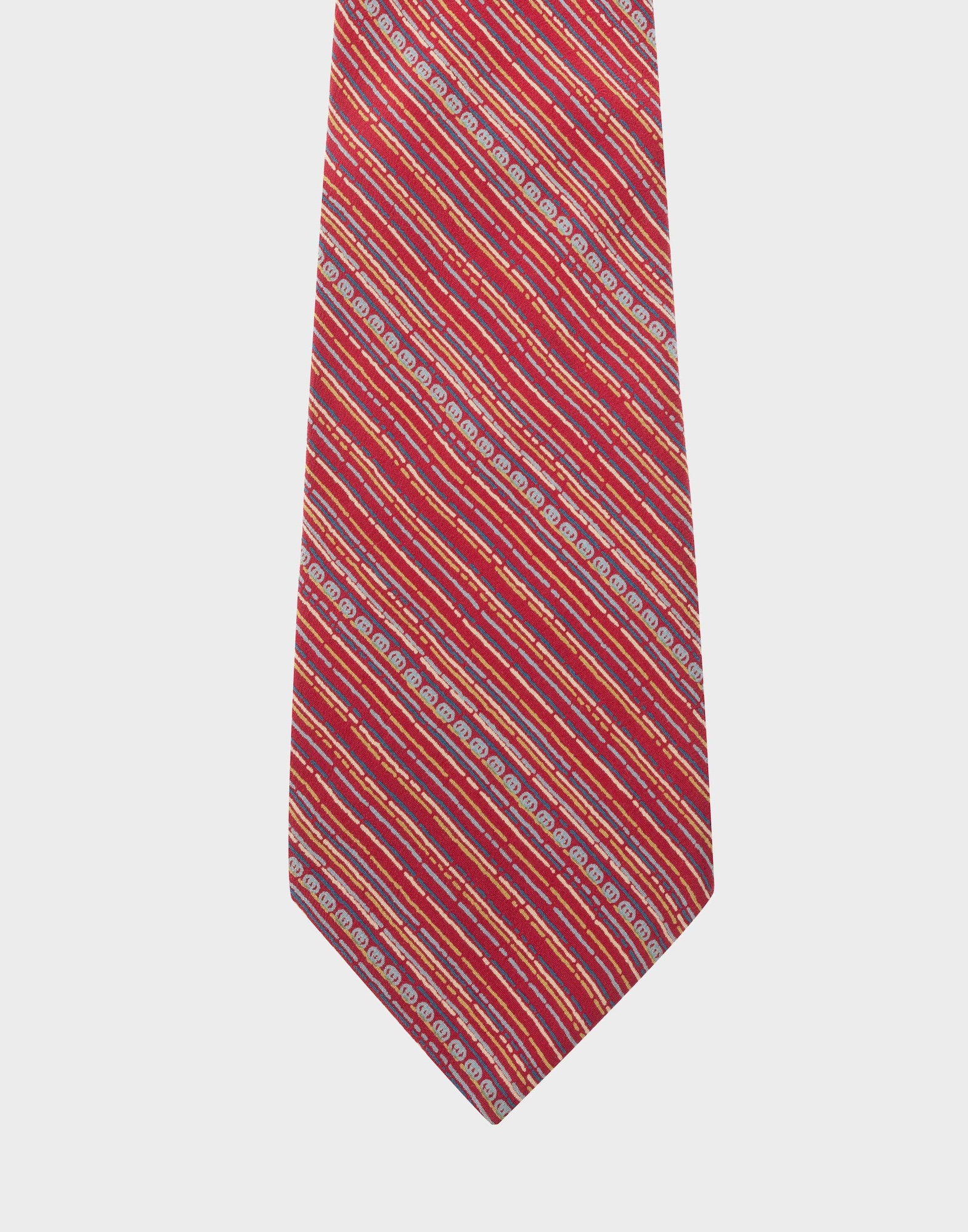 red silk tie with multicoloured diagonal stripe pattern and gg logo