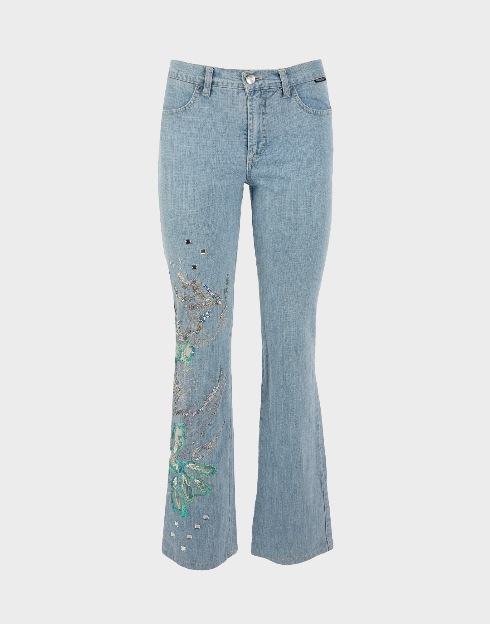 gianfranco ferrè flared trousers denim effect fabric with floral appliqués on leg