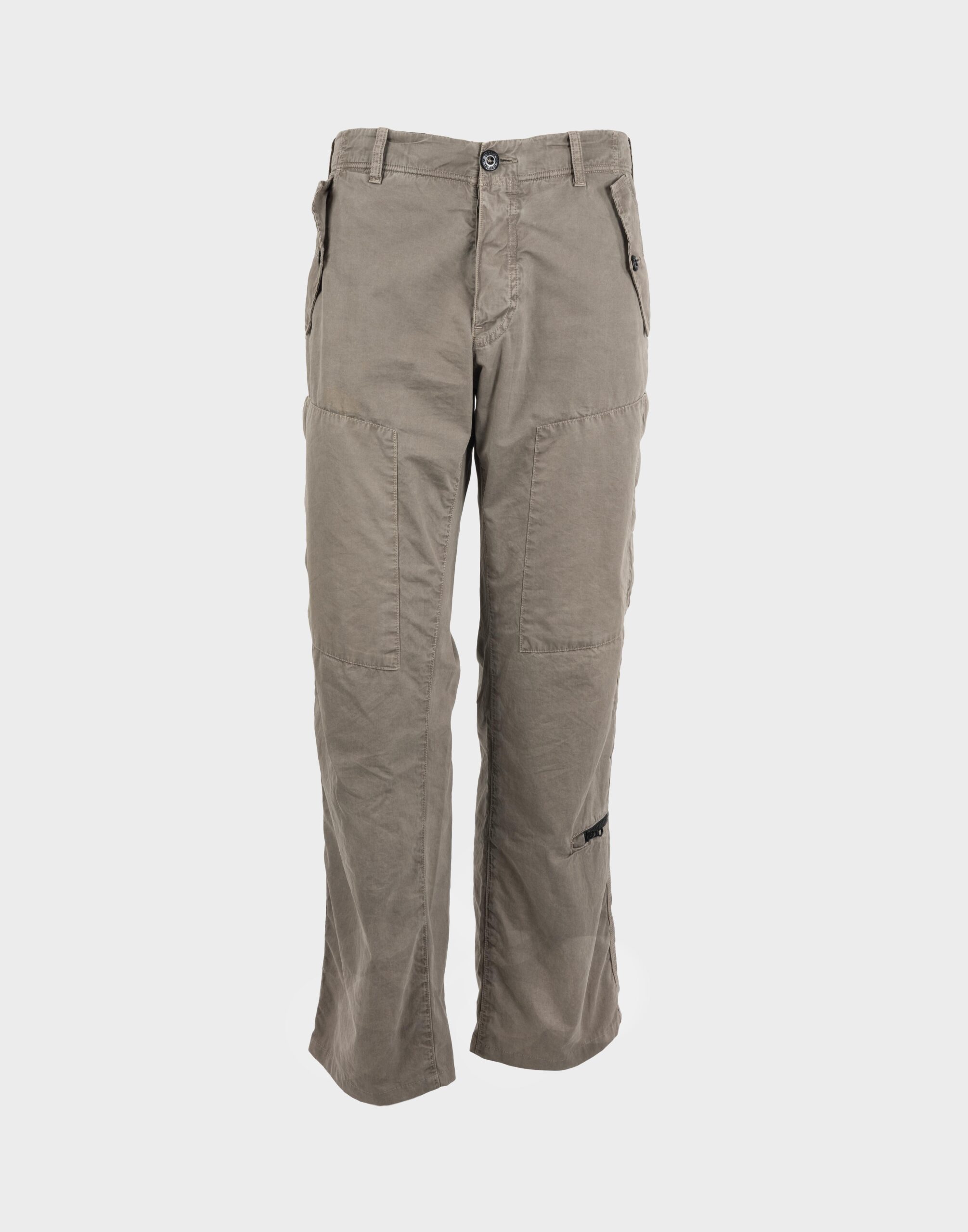 Beige cotton cargo pants by Stone Island, photographed on a mannequin and isolated with a gray background