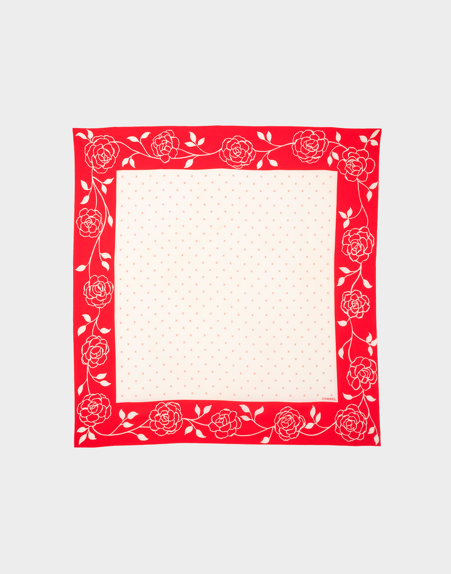Women's beige silk scarf with a red border and a white floral pattern