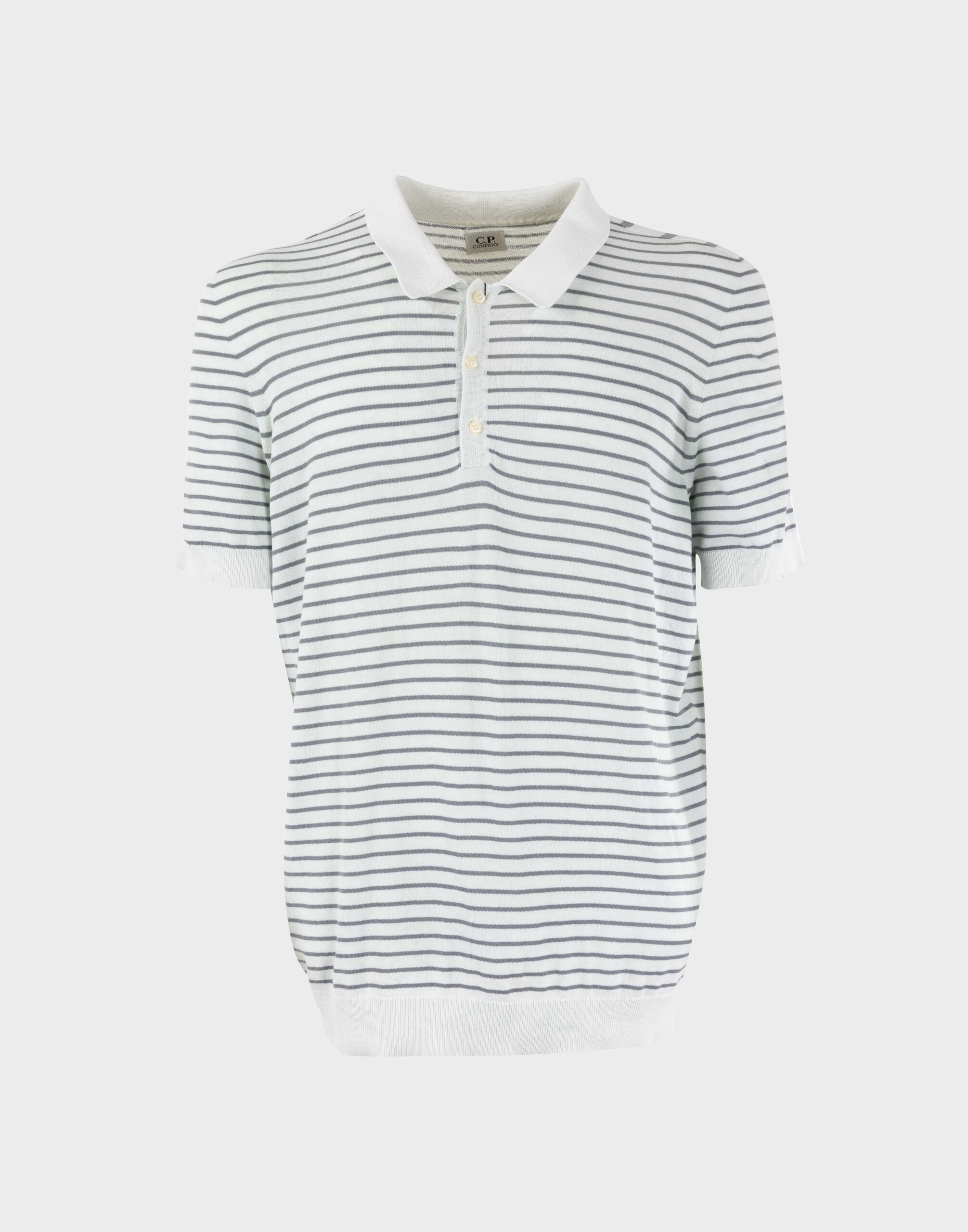 Men's cotton polo shirt with white and gray stripe pattern, short sleeves, and three buttons on the front