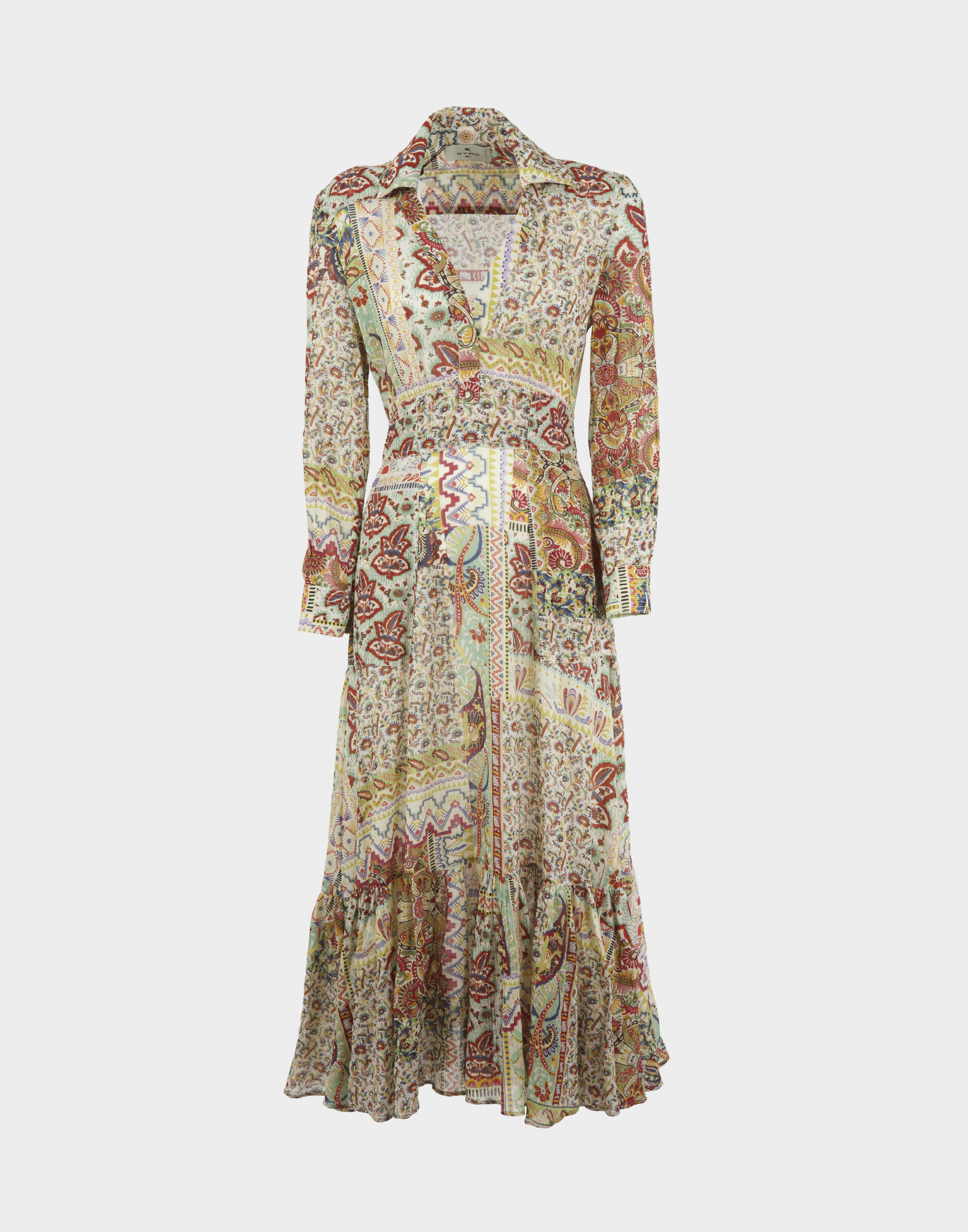 women's long dress with V-neck and paisley pattern, long sleeves and ruffles on the bottom