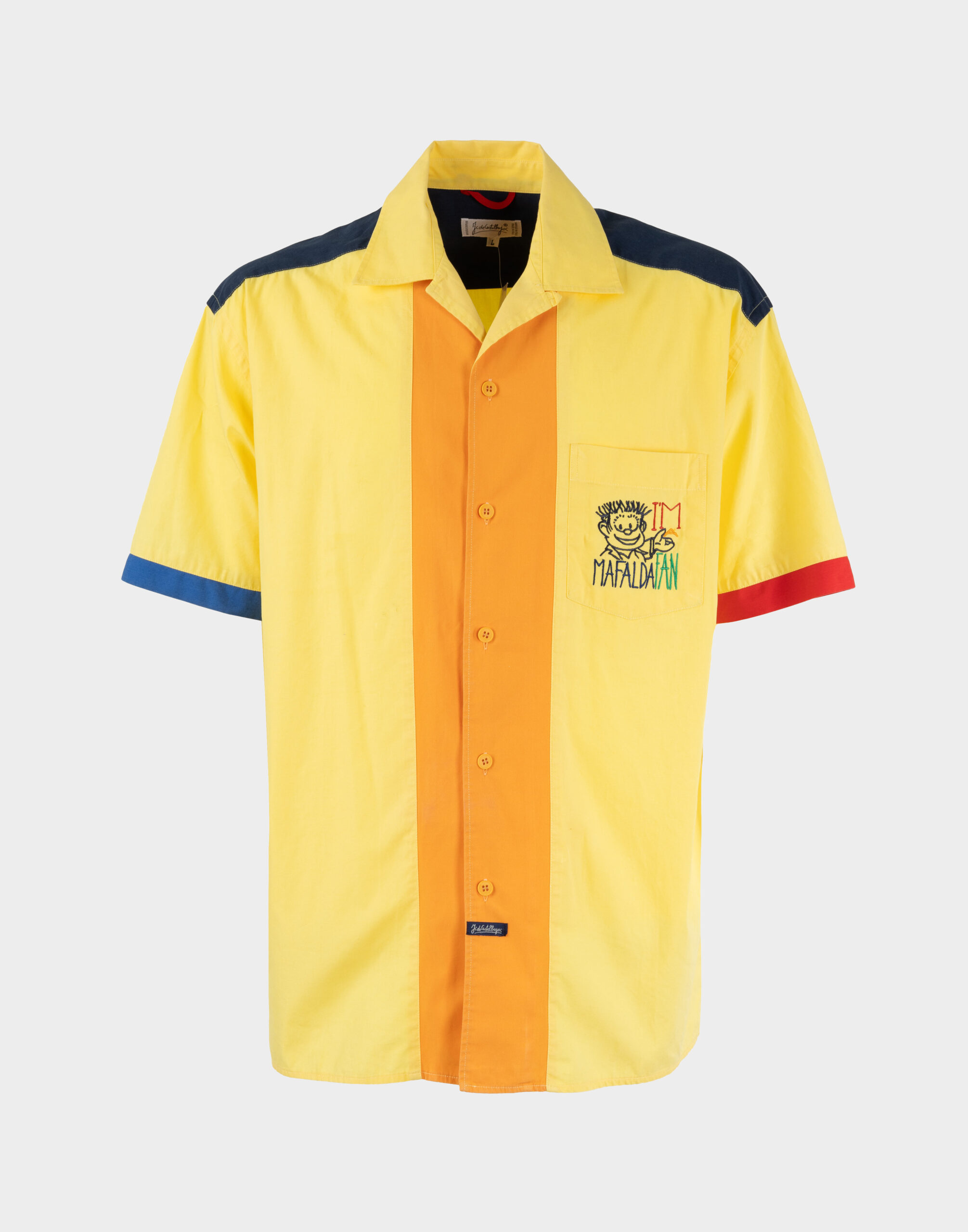 Men's short-sleeved yellow shirt with blue and red details, button closure, and embroidered little man on the pocket