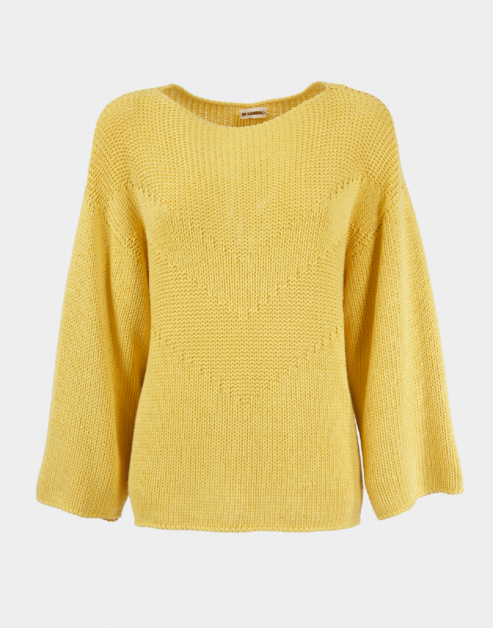 yellow cotton ladies' jumper by jil sander, photographed on ghost mannequin with grey background
