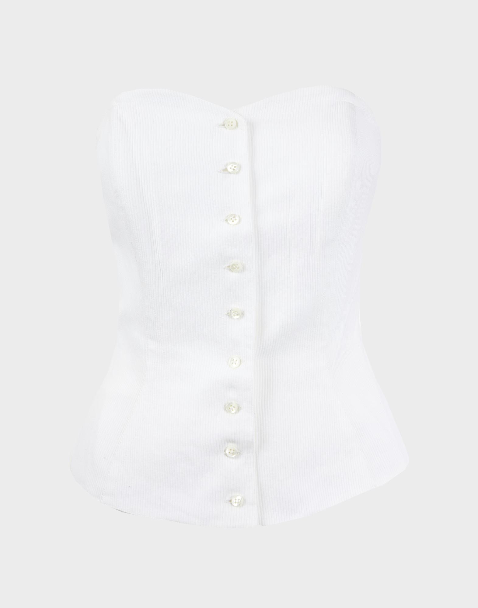 Women's white corset top with sweetheart neckline and front buttons, photographed on a ghost mannequin with a gray background