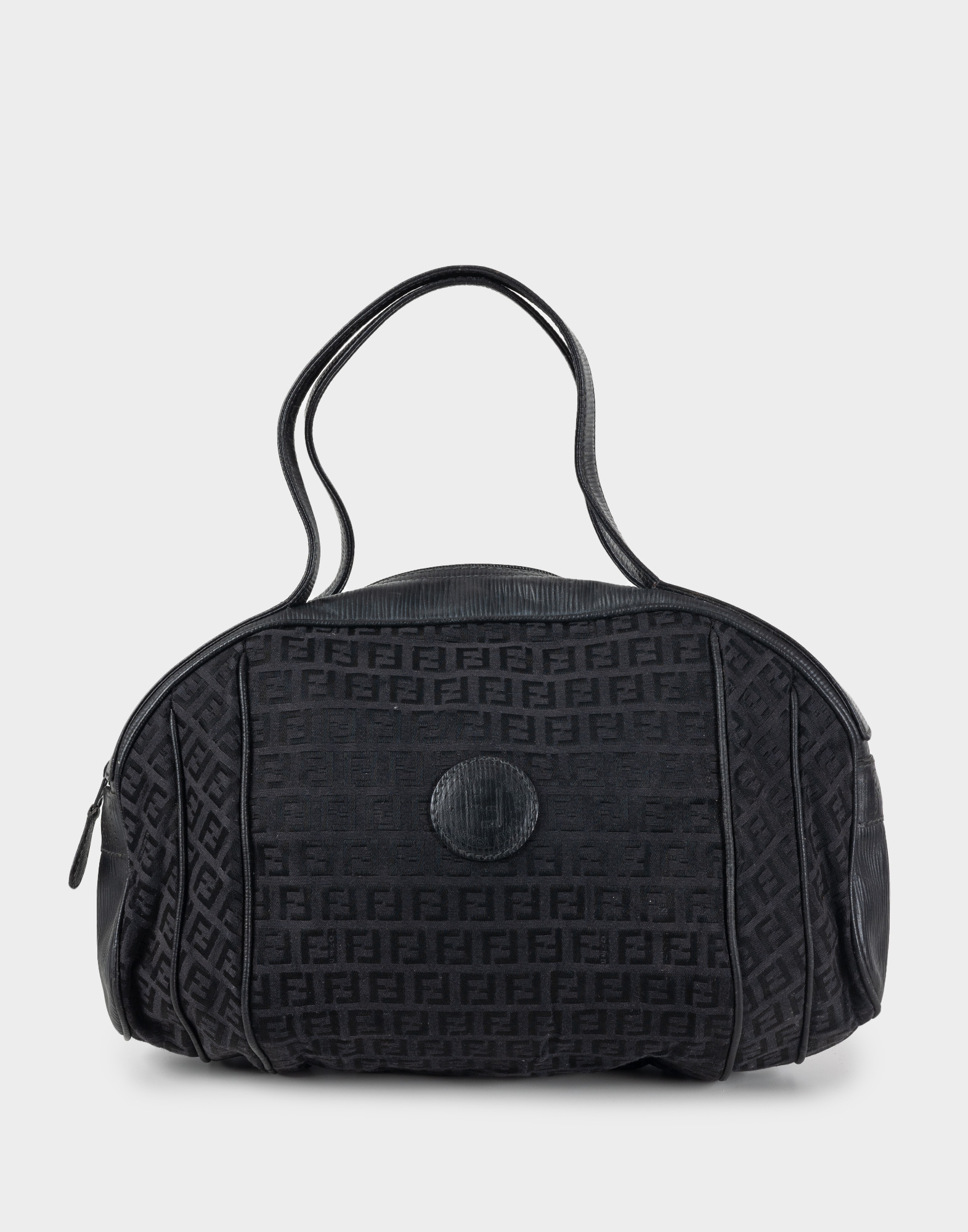 Women's black fabric bag with FF monogram pattern, double leather handle