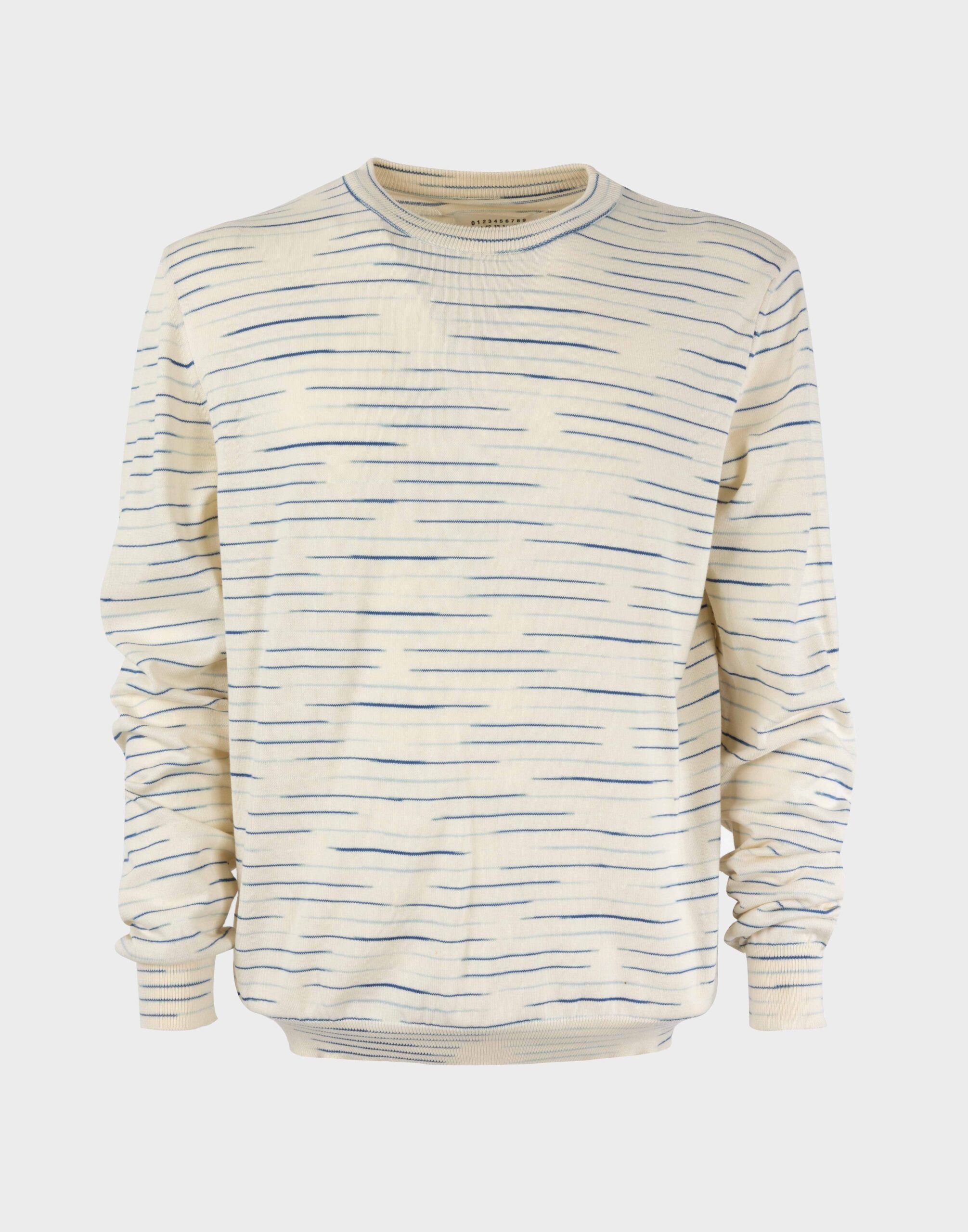 light beige men's jumper with blue and light blue filaments, photographed on ghost dummy with grey background