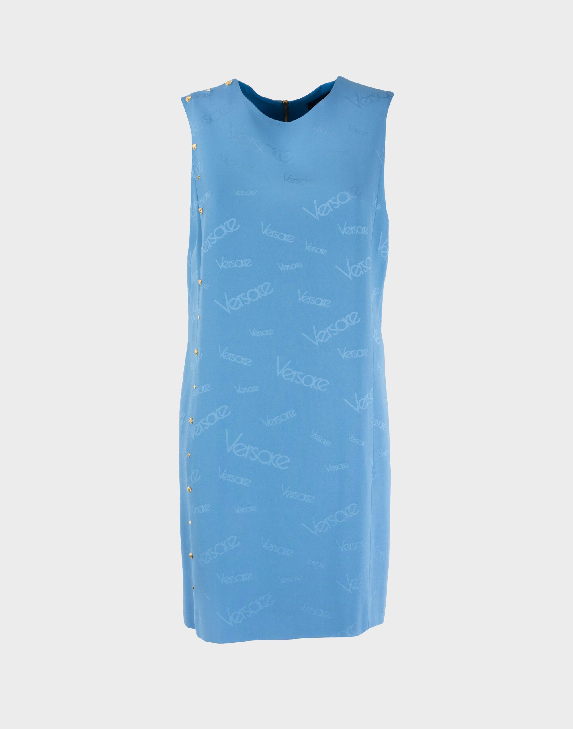Women's sleeveless sky blue dress with round neckline, gold studs applied on the shoulder and side, logo pattern