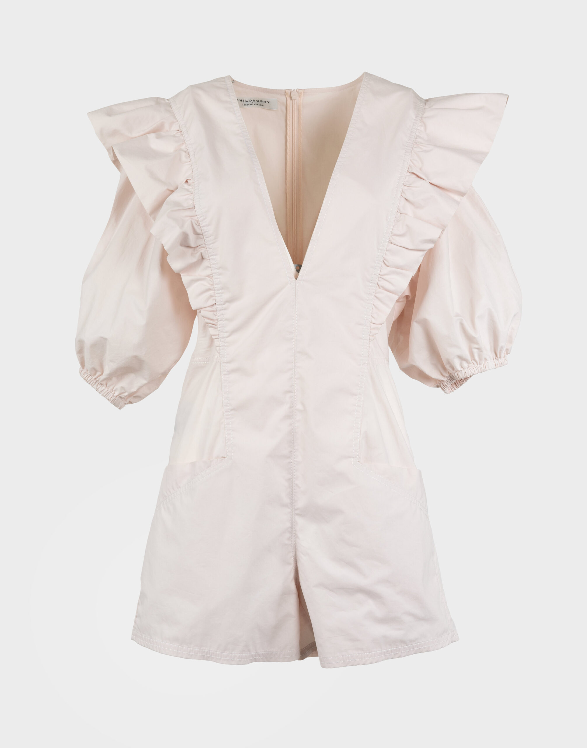 Women's pink playsuit with a V-neckline, puff sleeves, and ruffles on the neckline.