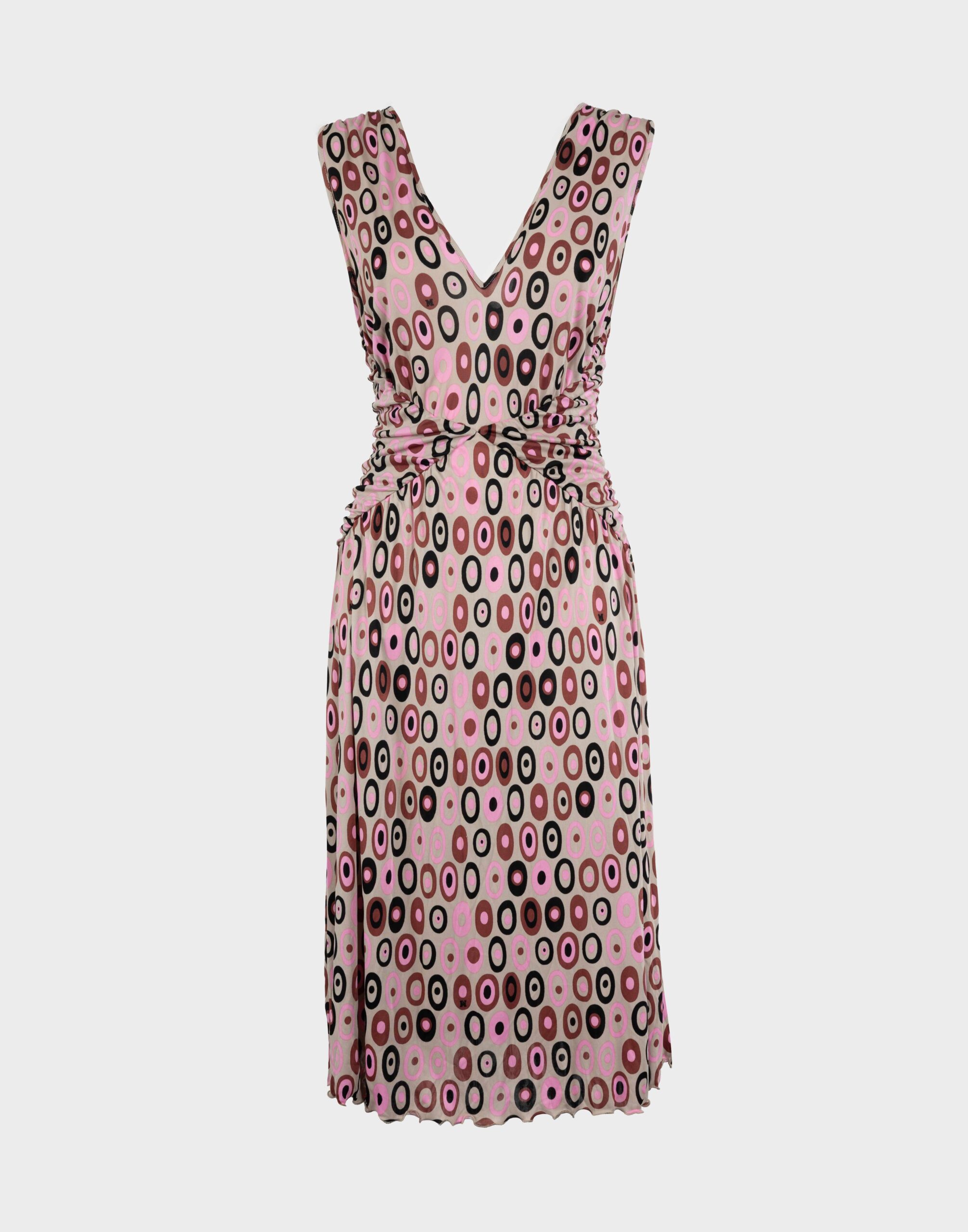 Sleeveless women's midi-length dress with V-neck, ruching on the sides, and pink circle pattern