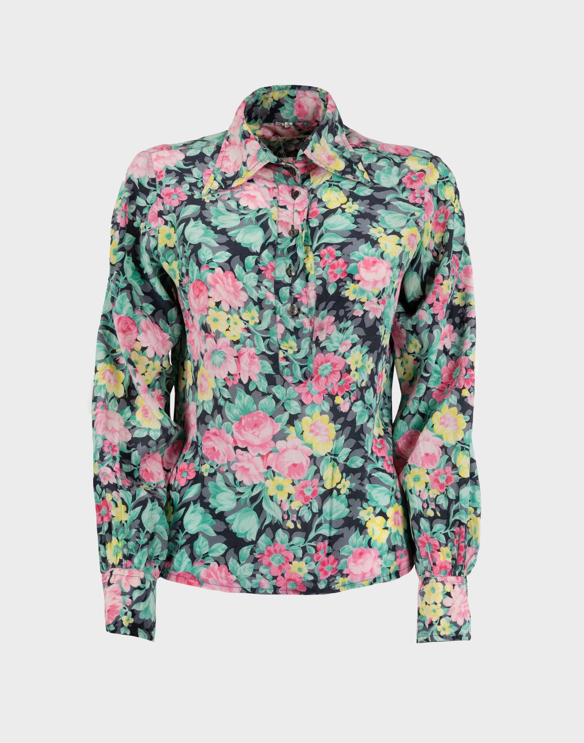 Women's Silk Blouse in Gray with Pink and Green Floral Pattern, Button Closure with 5 Buttons