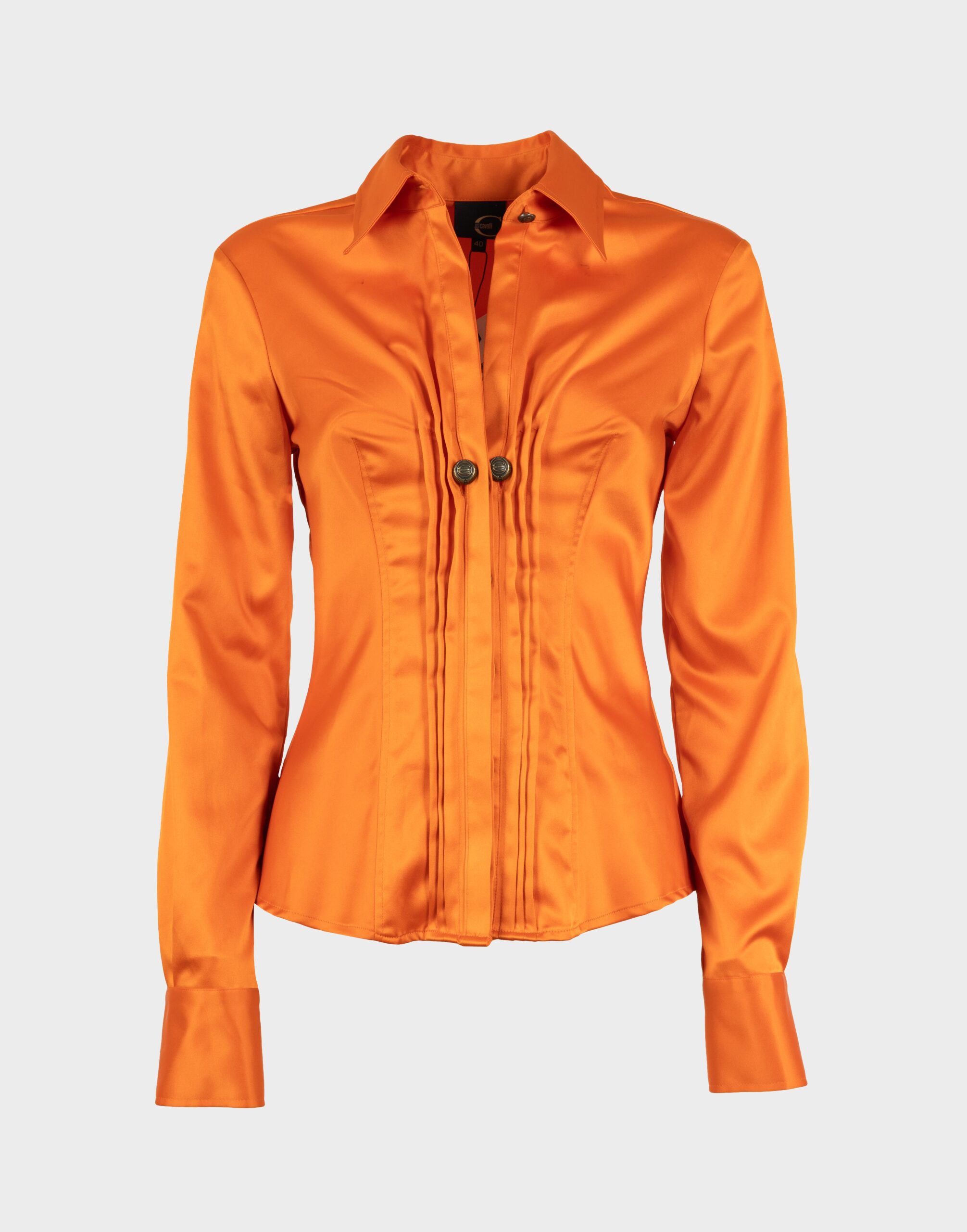camicia arancione da donna a maniche lunghe con polsino a bracciale, arricciatura sul davanti con gancio logato