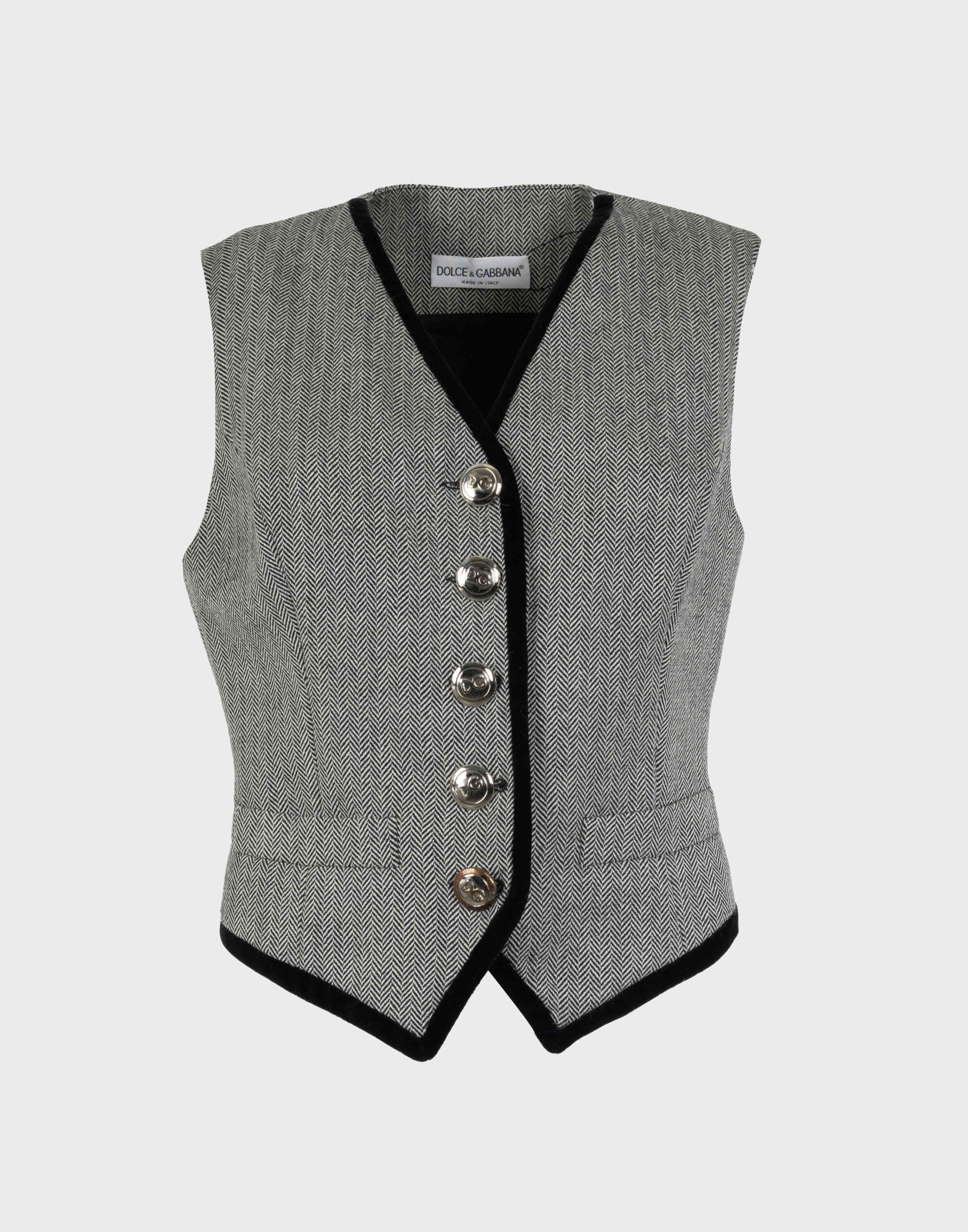 ladies' grey wool waistcoat by dolce e gabbana, with black piping detail, silver logo button fastening