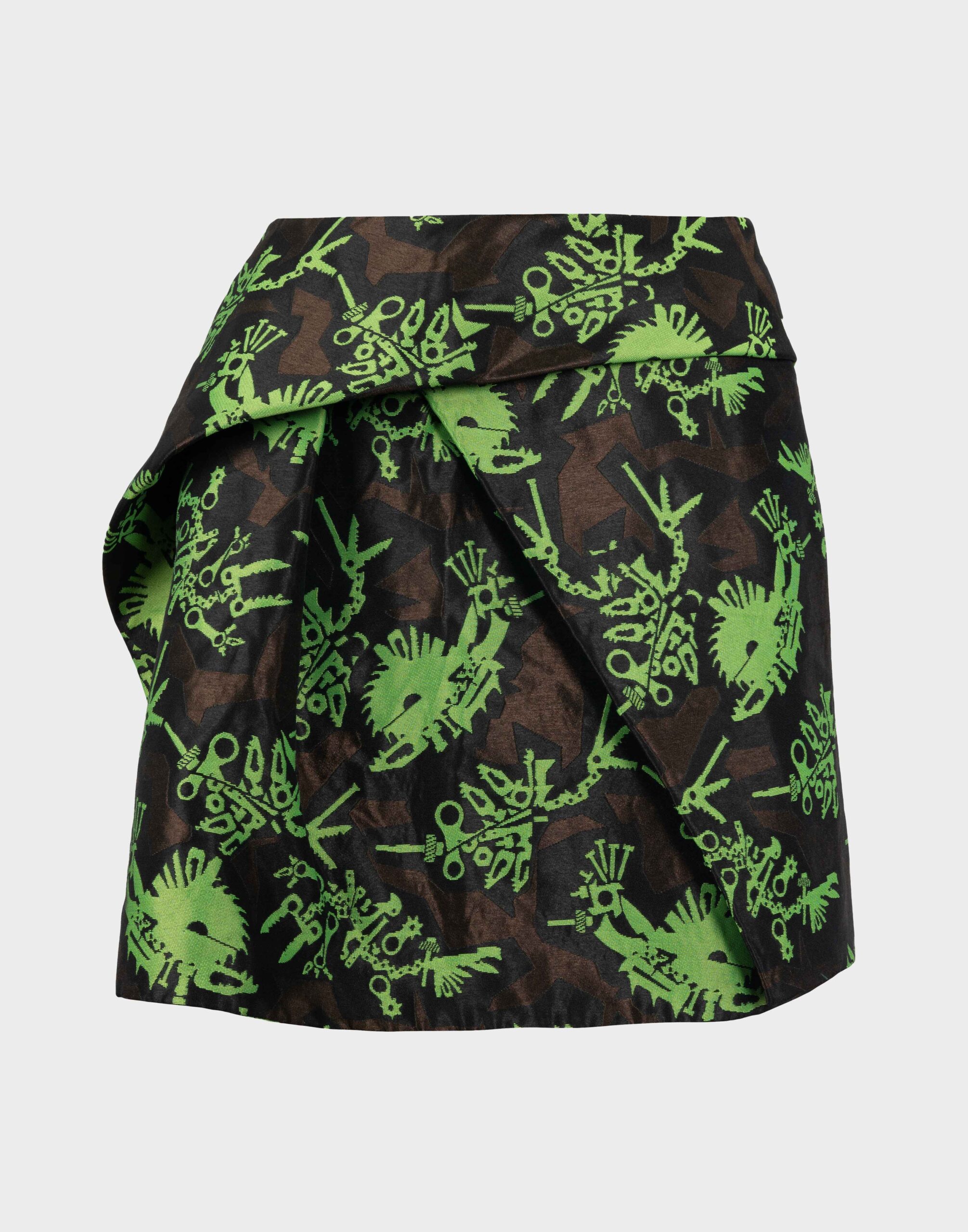kenzo black and brown miniskirt with green prints and asymmetrical structure