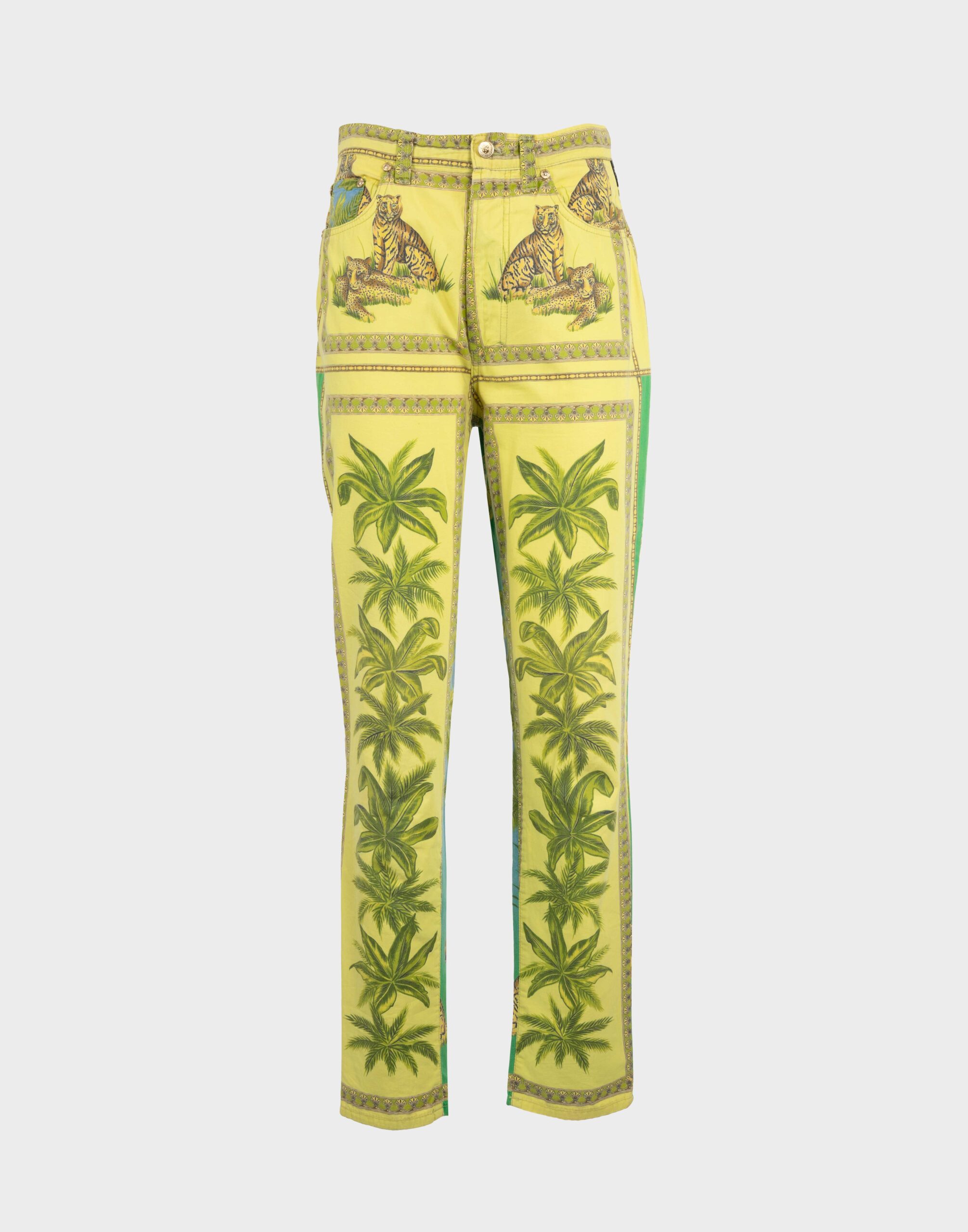 pantaloni da donna a vita alta gialli e verdi con fantasia di palme e tigri