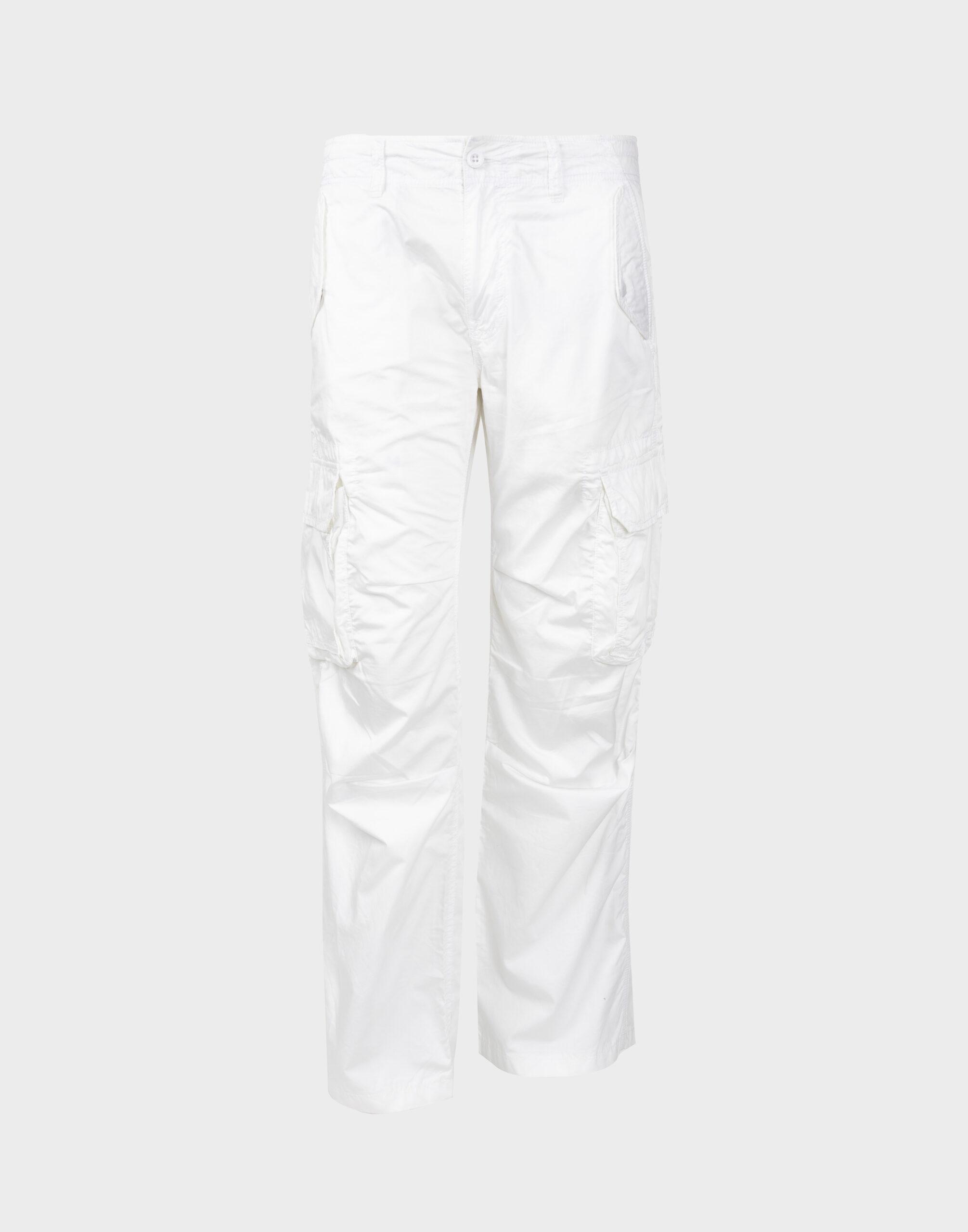 Men's white cargo pants with large leg pockets
