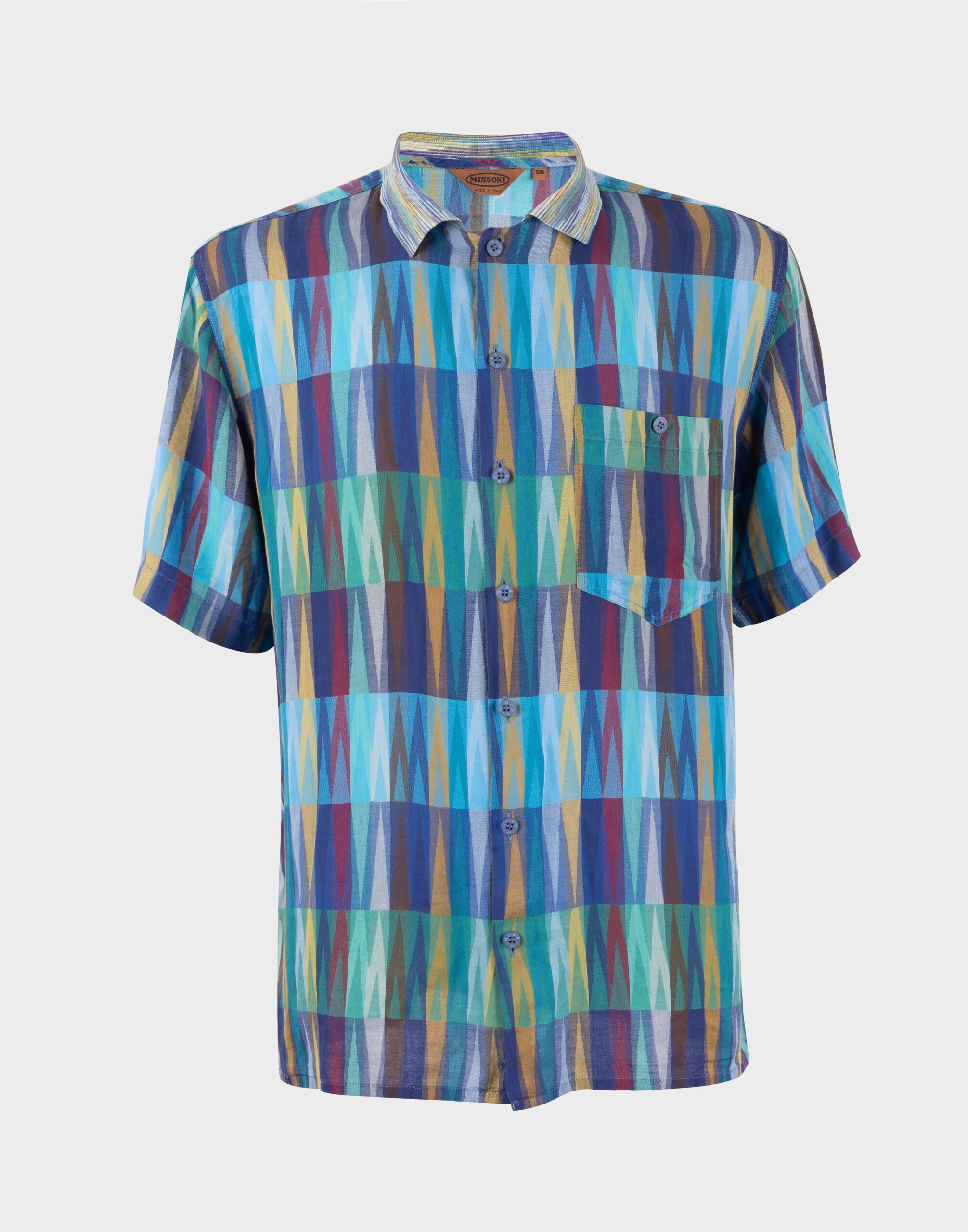 Men's short-sleeved shirt in blue and light blue with multicolored pattern, polo-style collar