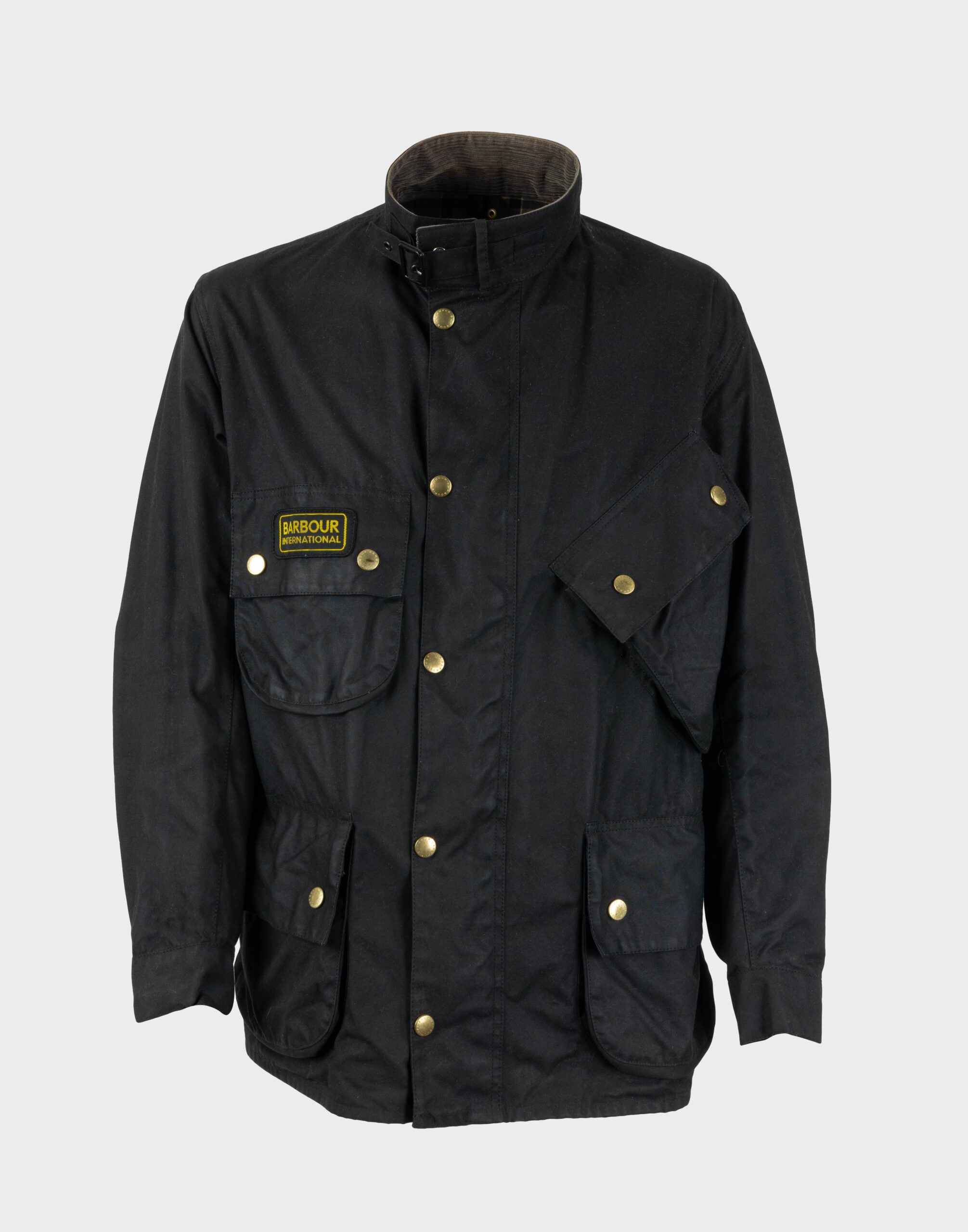 barbour international black men's waxed fabric jacket with four front pockets, front closure with gold buttons