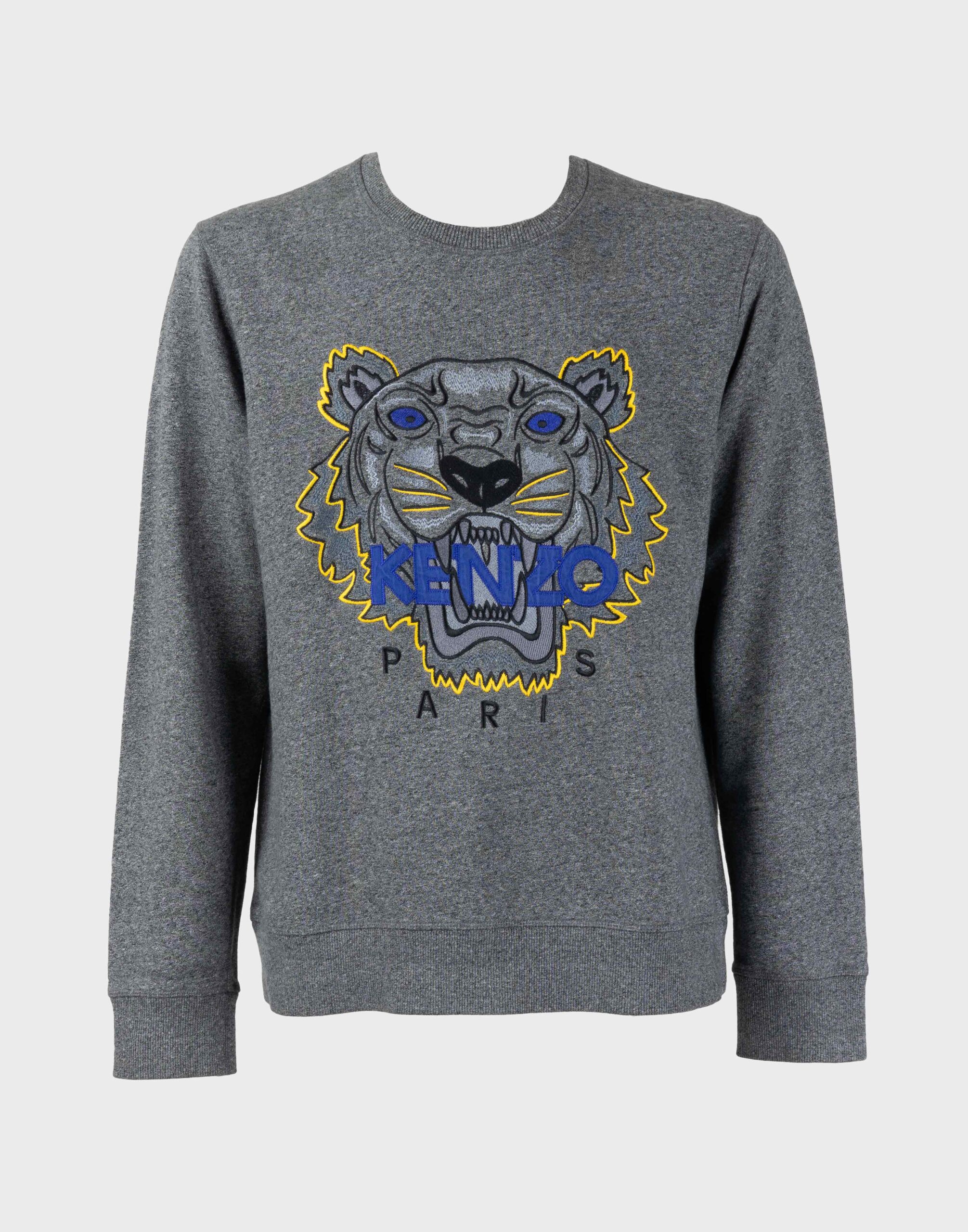 Men's grey sweatshirt with multicolored embroidered tiger and blue logo.
