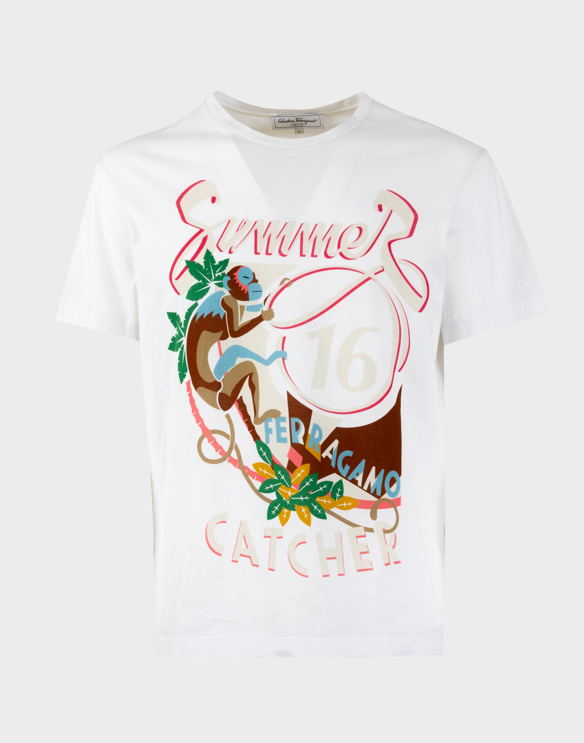 Men's white short-sleeved t-shirt from the 1990s with "Summer Catcher" print on the front