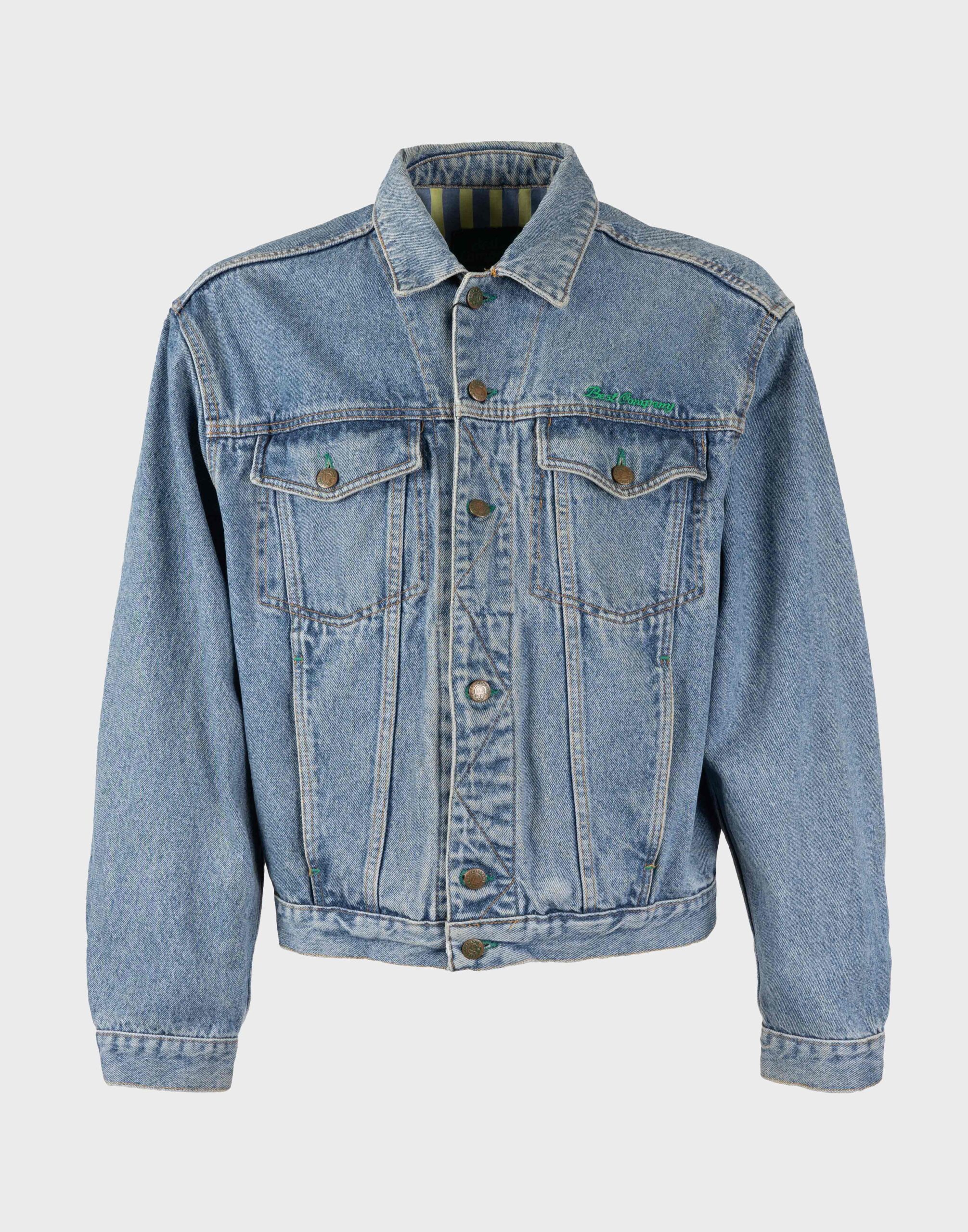 Men's light wash denim jacket with metal buttons on the front