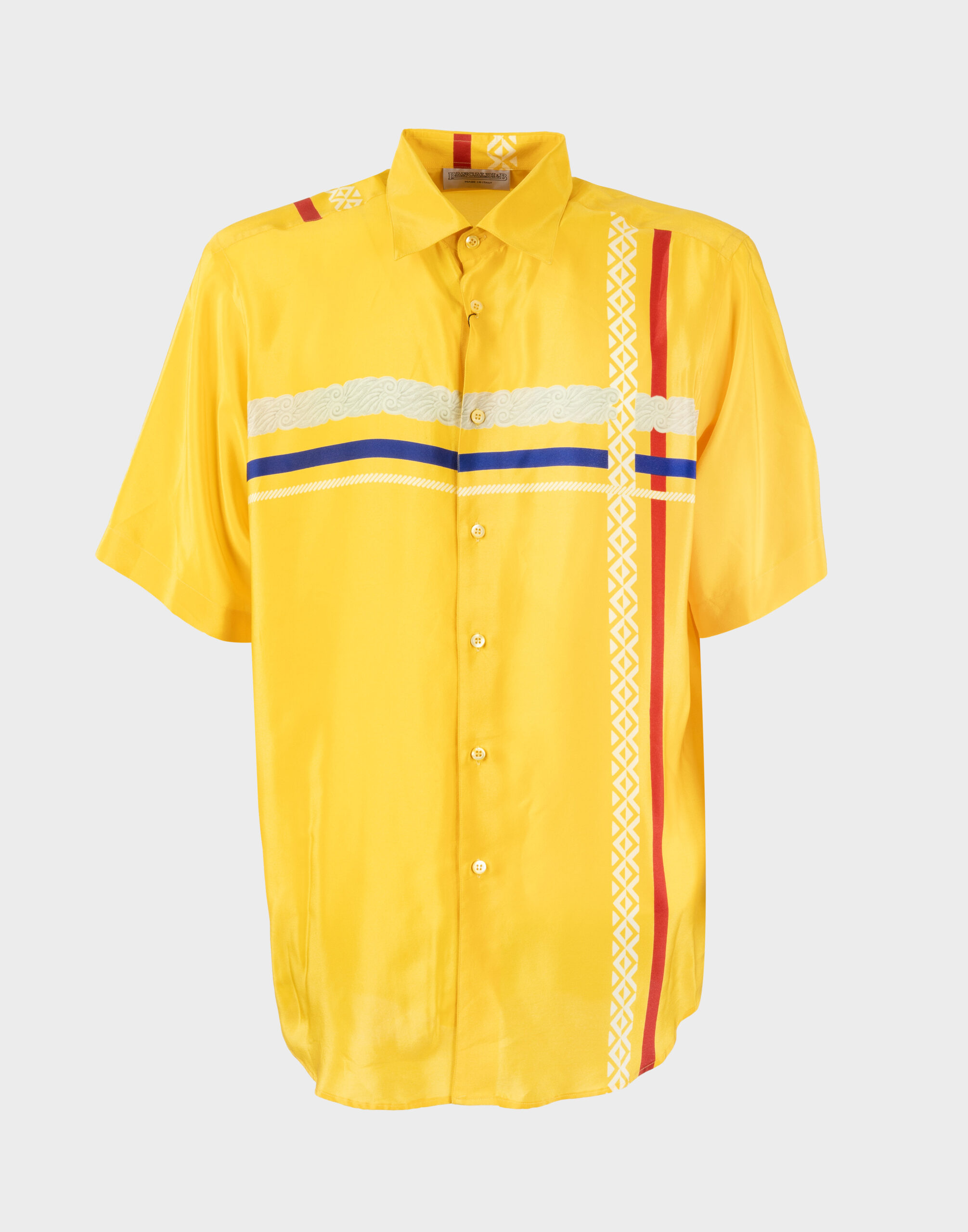 short-sleeved yellow men's shirt with coloured pattern on the front