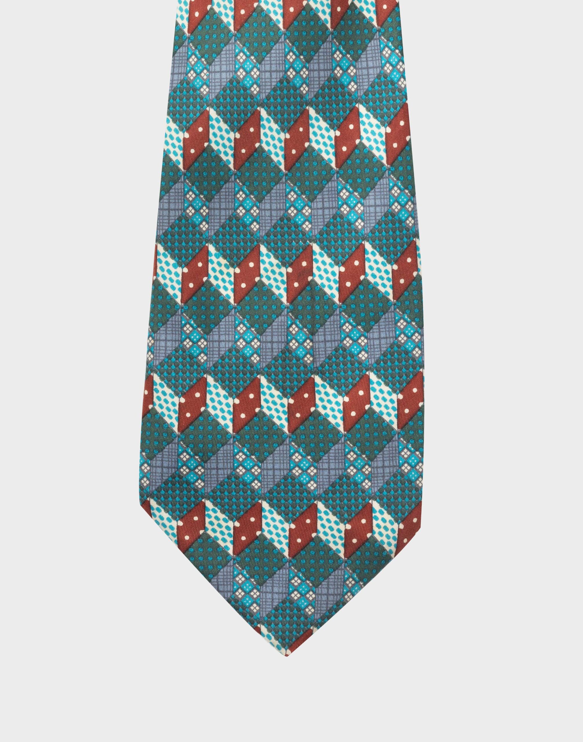 silk tie with green and red cube pattern