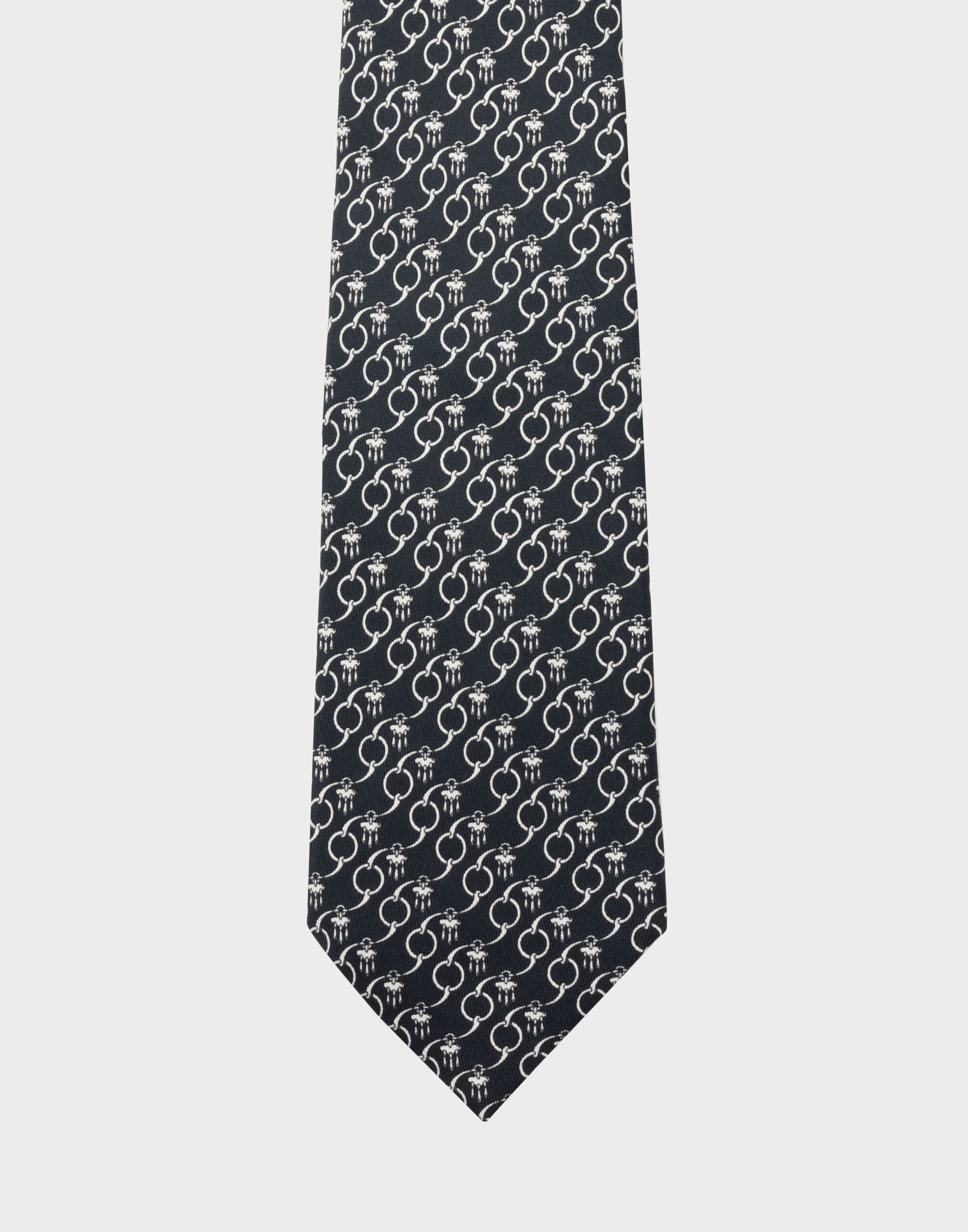 Hermes black silk tie with white chain pattern