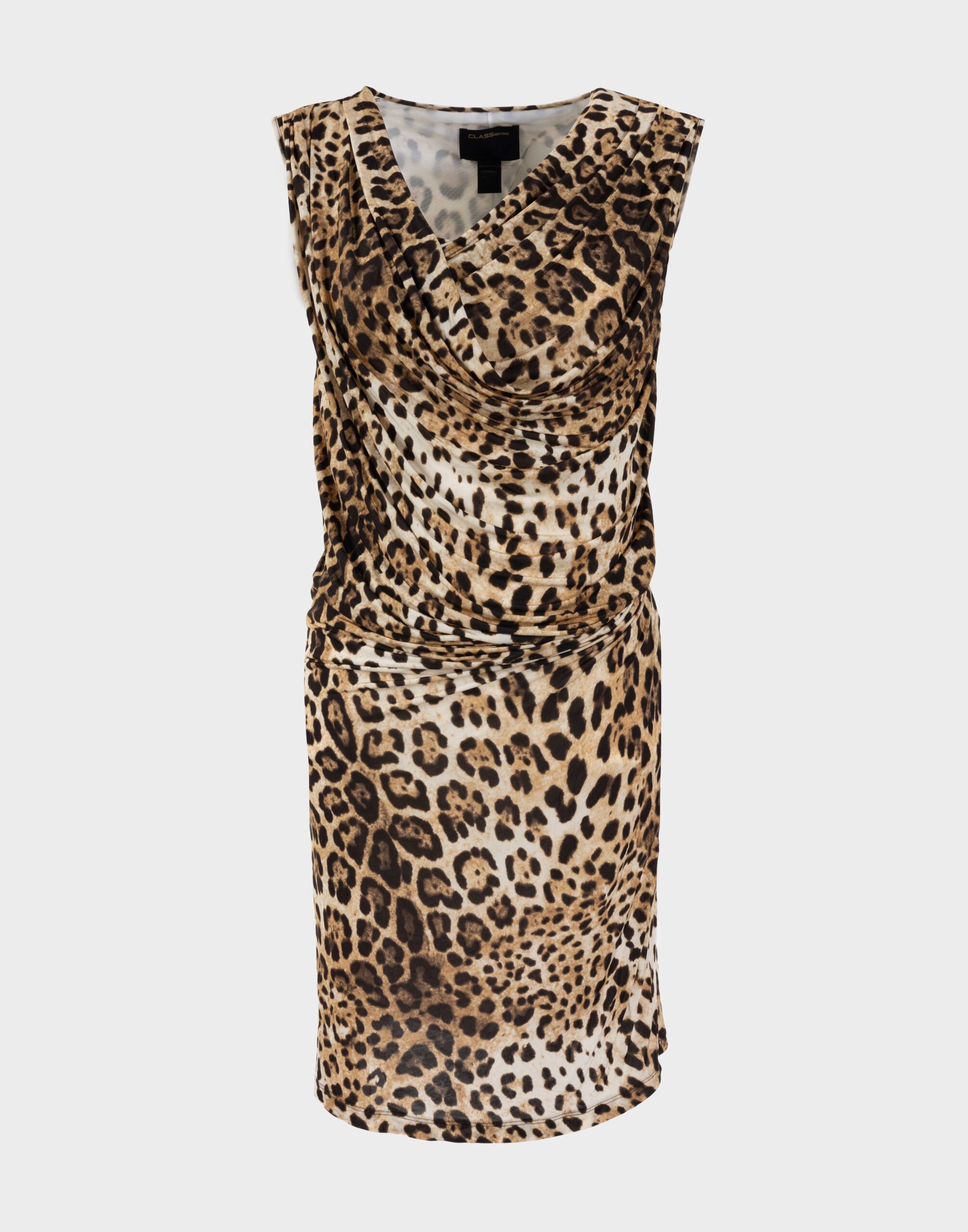 women's stretch dress with animal pattern, sleeveless, shawl neckline and gathering at the side