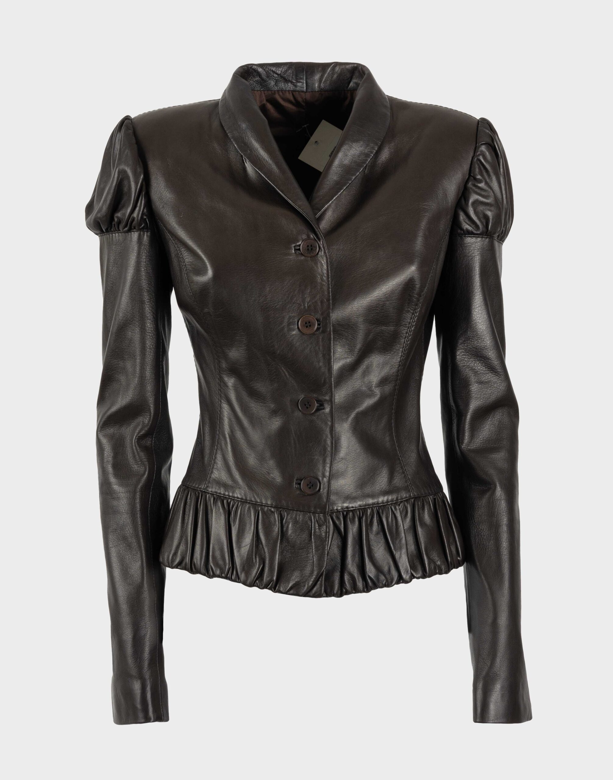 brown women's leather jacket with gathers at shoulders and bottom, fitted model