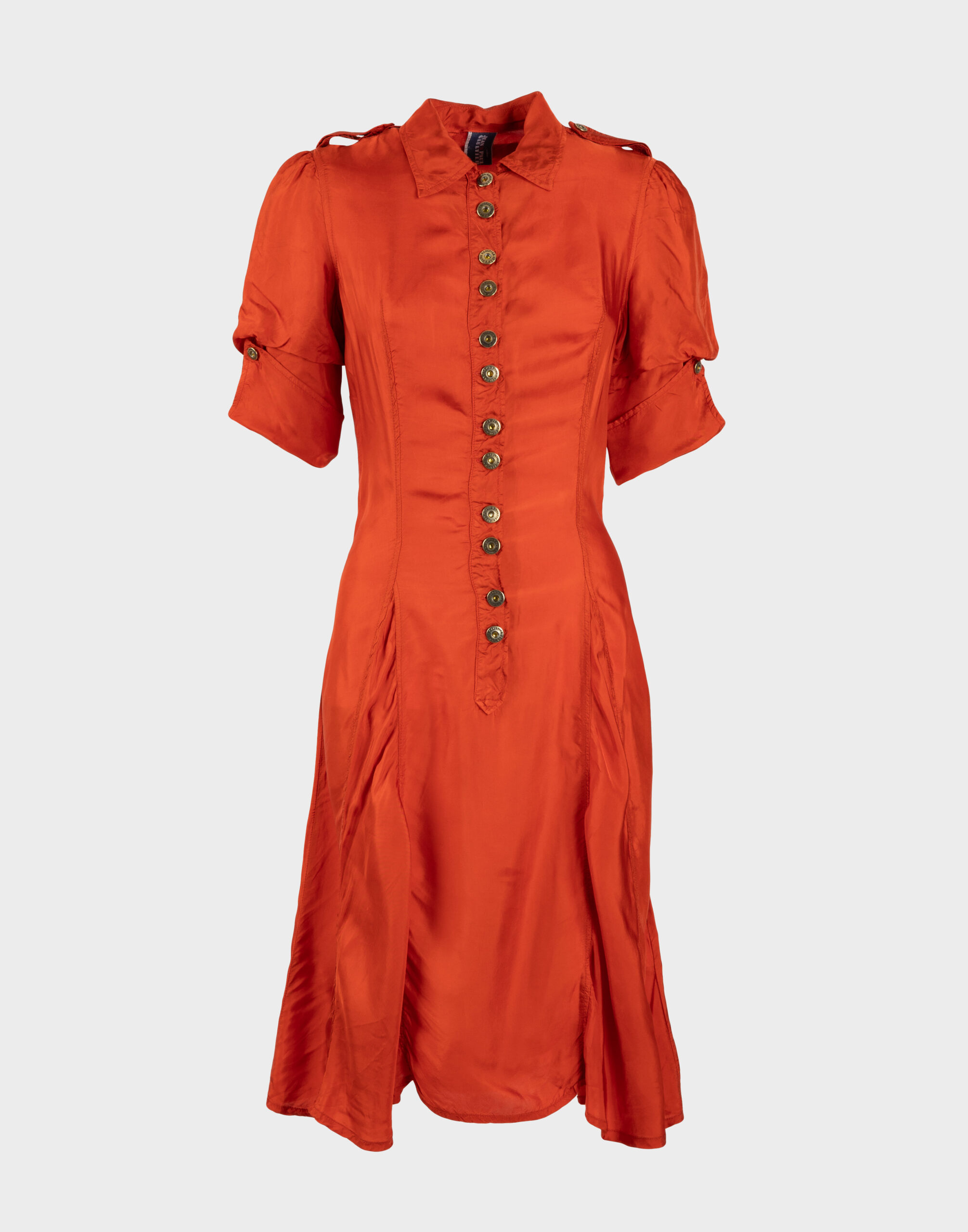 orange midi dress with balloon sleeves, front button fastening and flared skirt