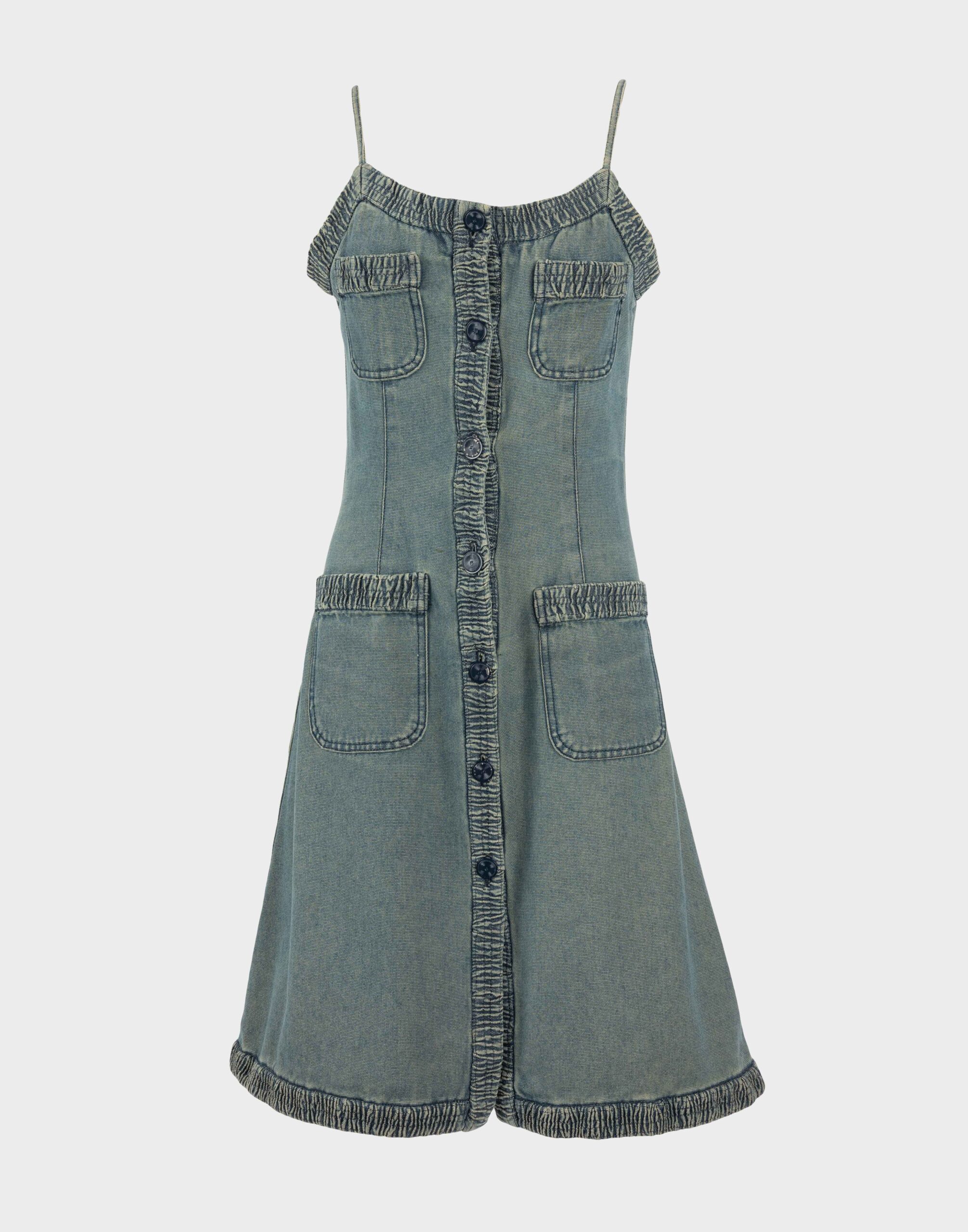 women's summer cotton dress with denim effect in green, thin shoulder straps, front fastening with black buttons and four front pockets