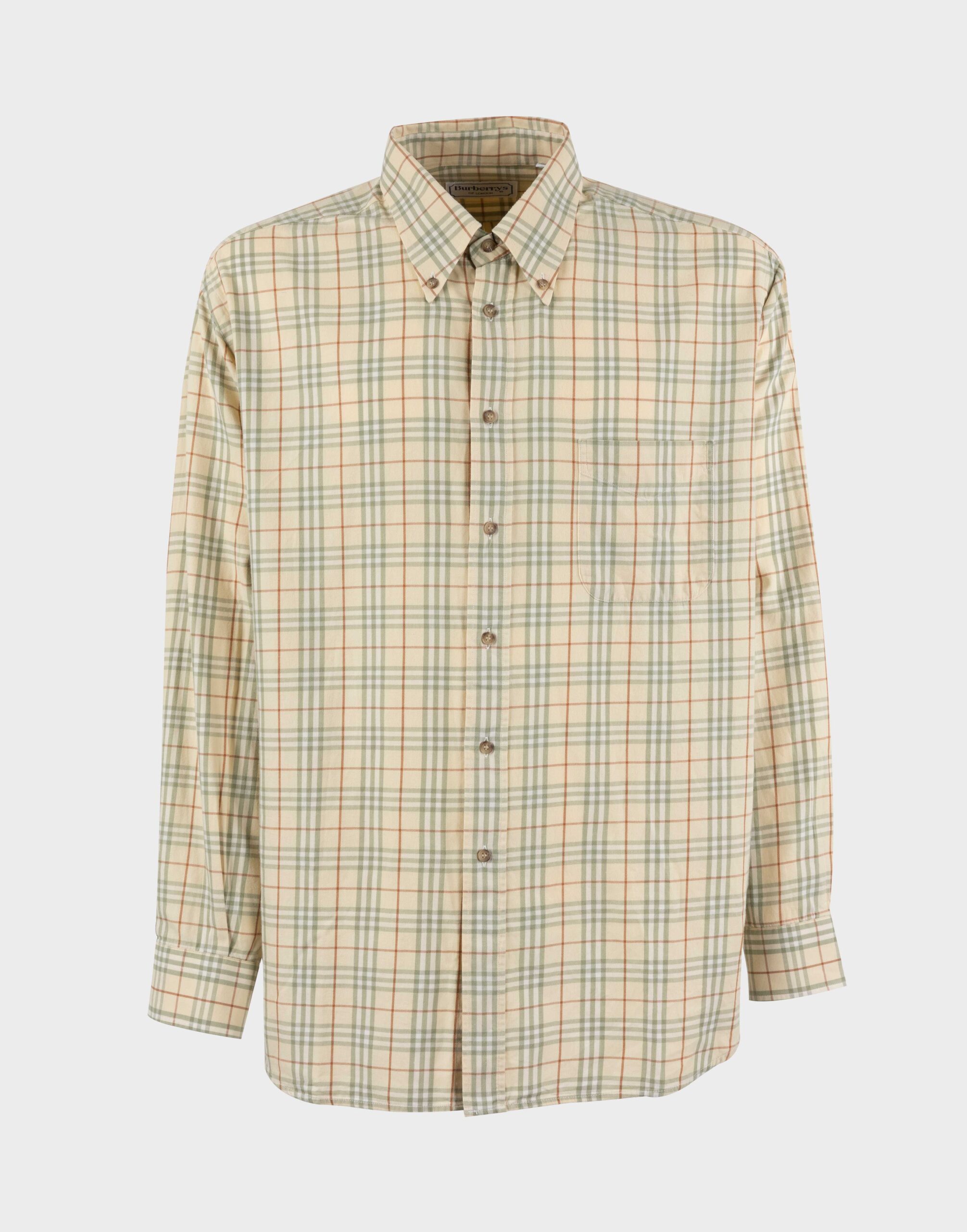 men's long-sleeved cotton shirt in pastel yellow with checked pattern