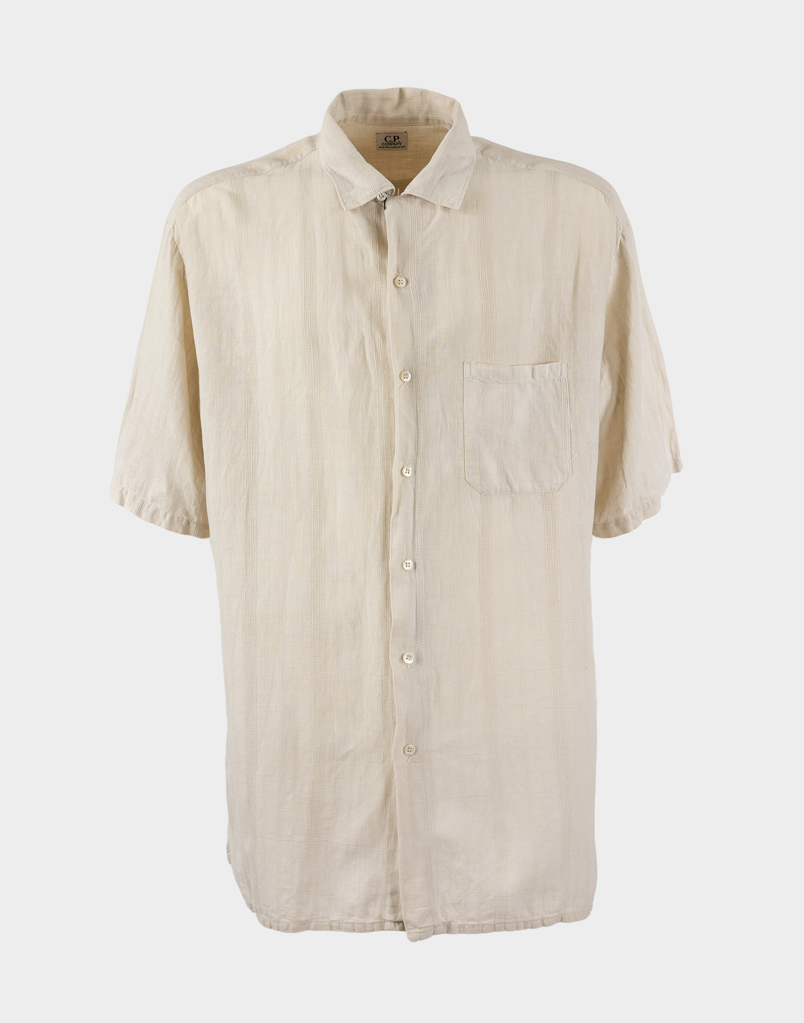 beige men's linen shirt with short sleeves and front pocket