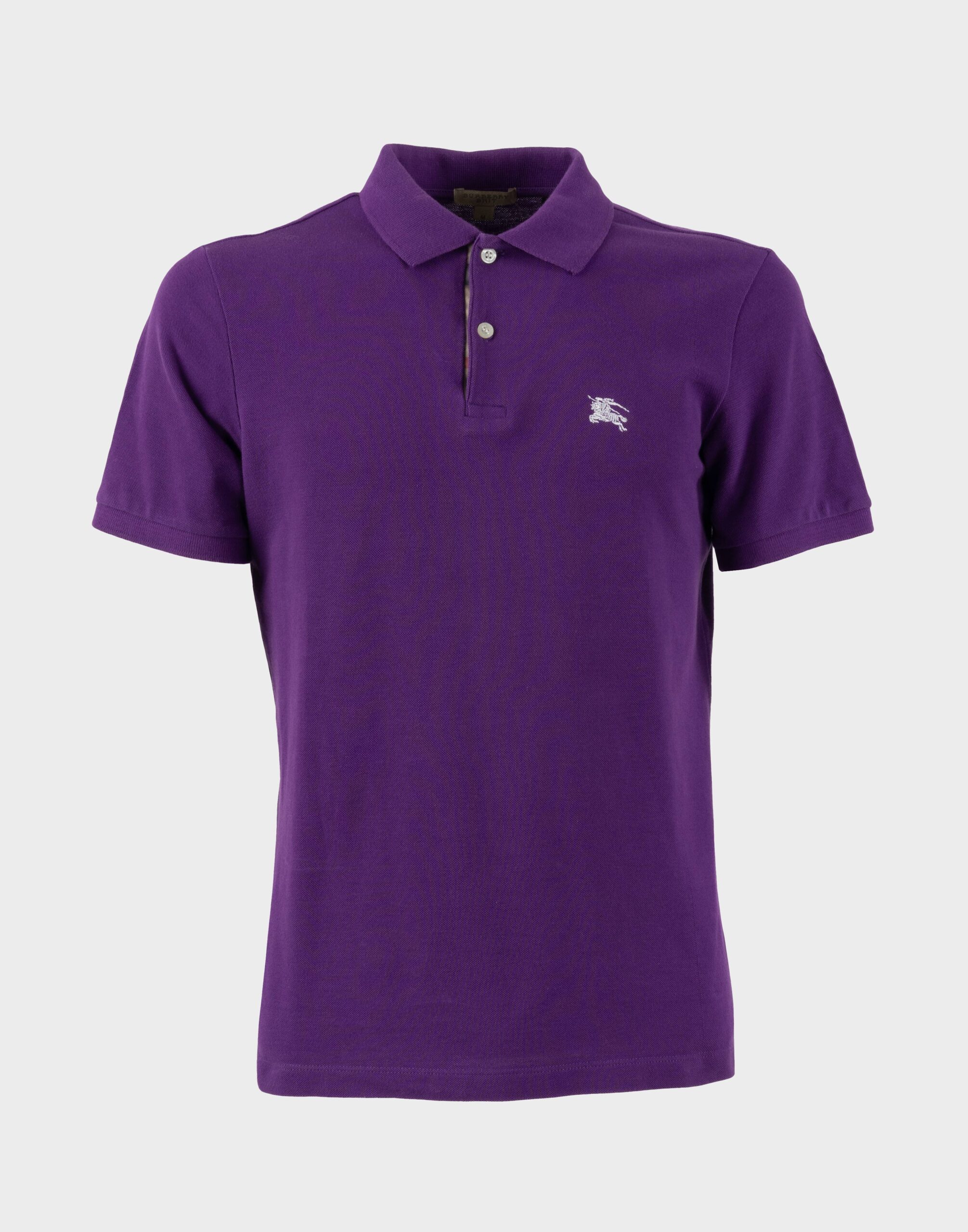 purple men's short-sleeved cotton polo shirt with two buttons on the front and embroidered logo