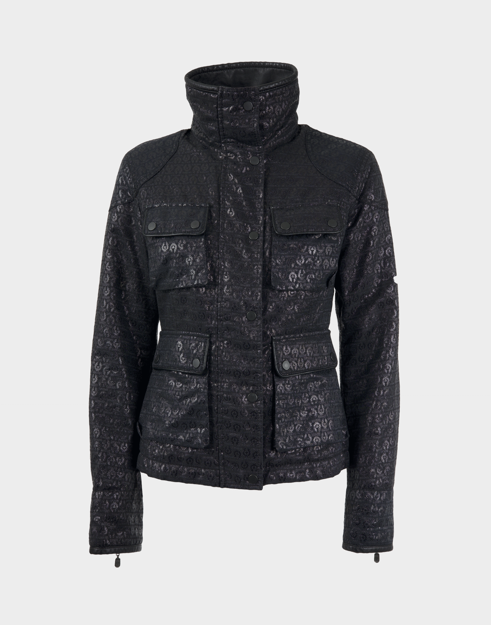 Women's black jacket with printed logo, high collar, four front pockets