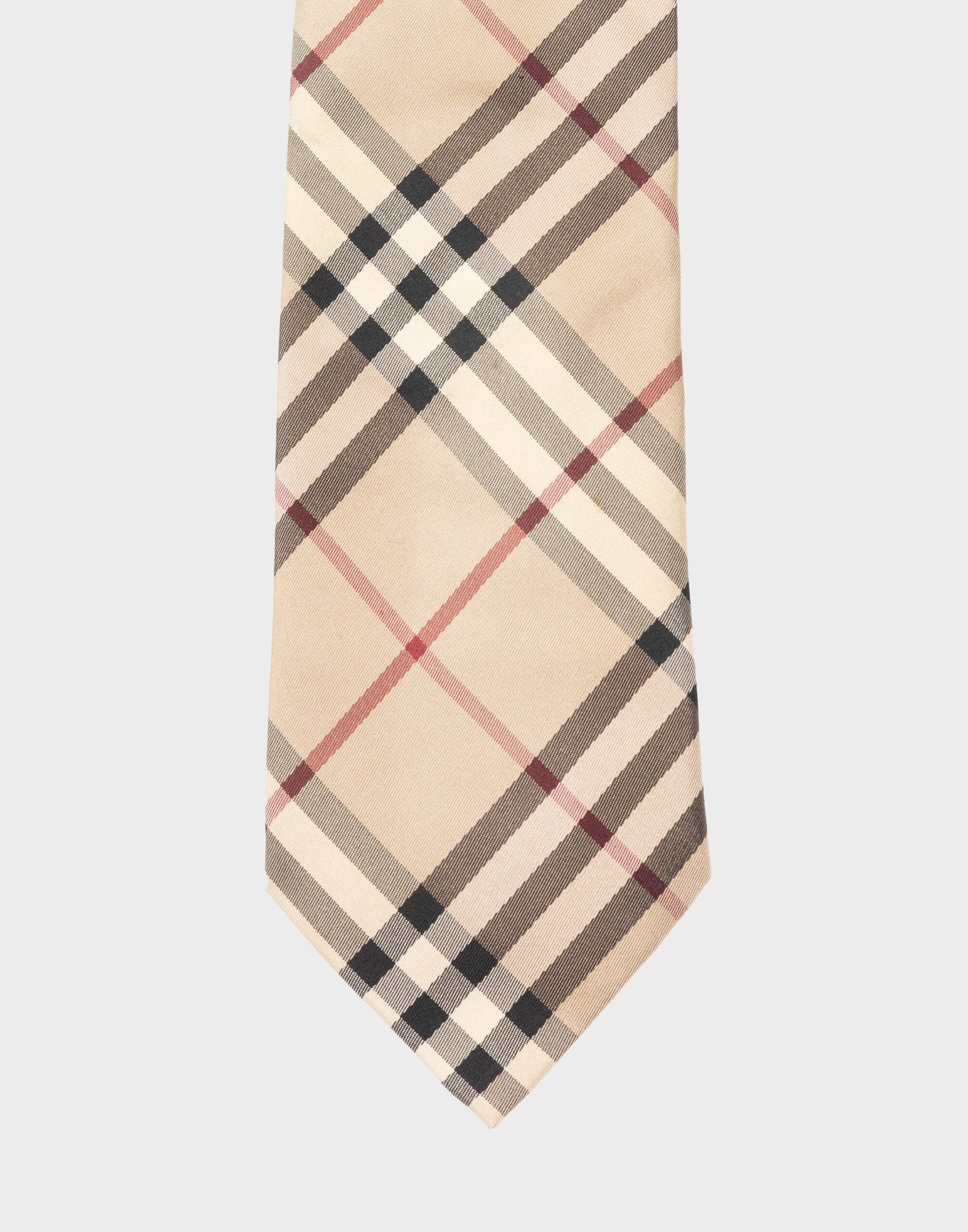 Men's beige silk tie with black and red check pattern