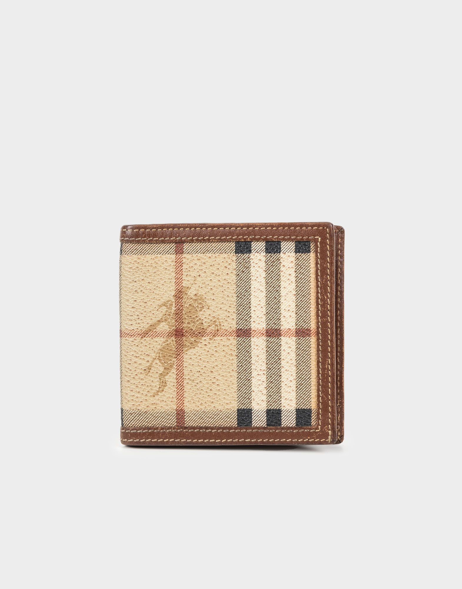 beige and brown leather wallet with tartan pattern