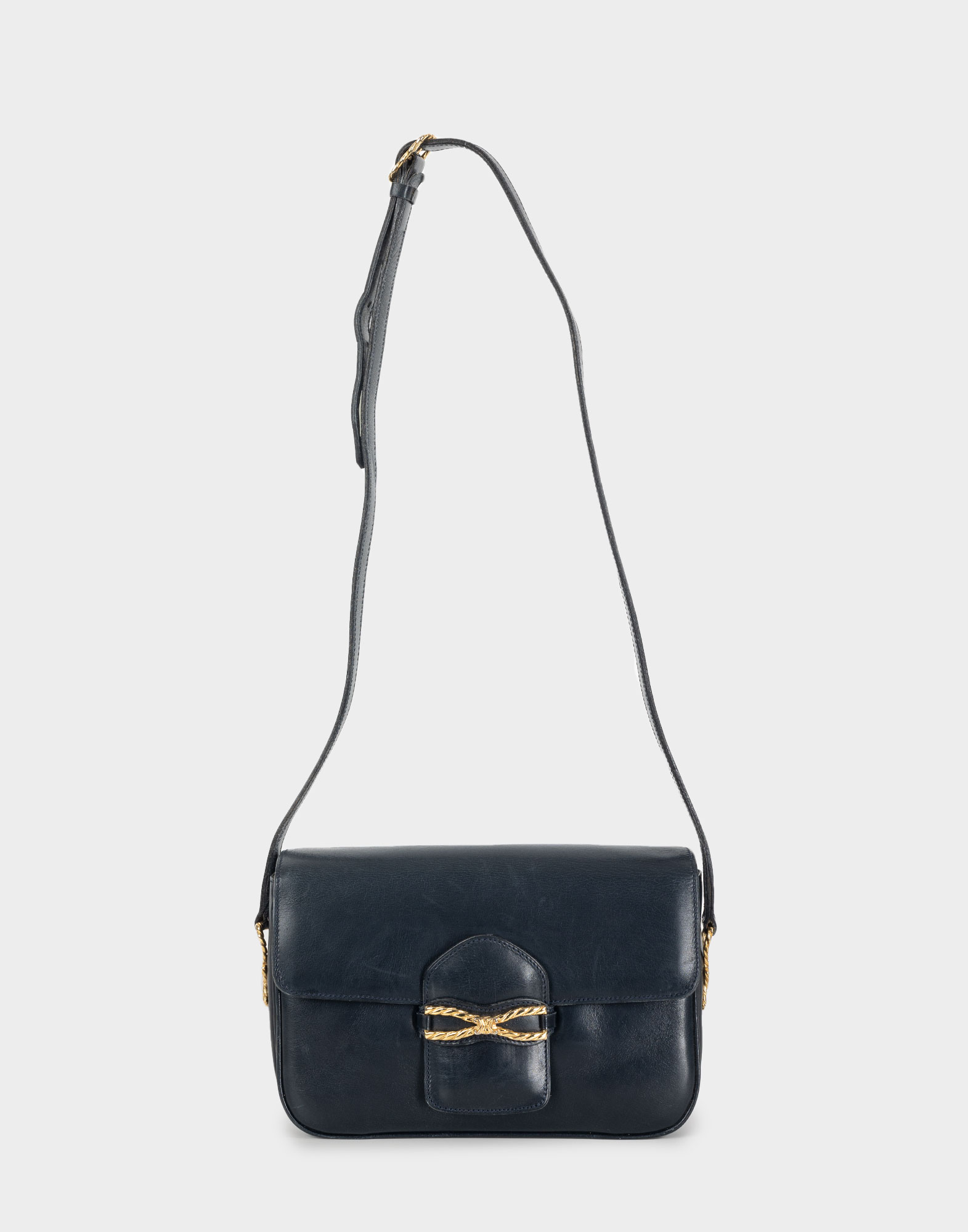 70s-80s blue leather shoulder bag with flap and gold detail on the front