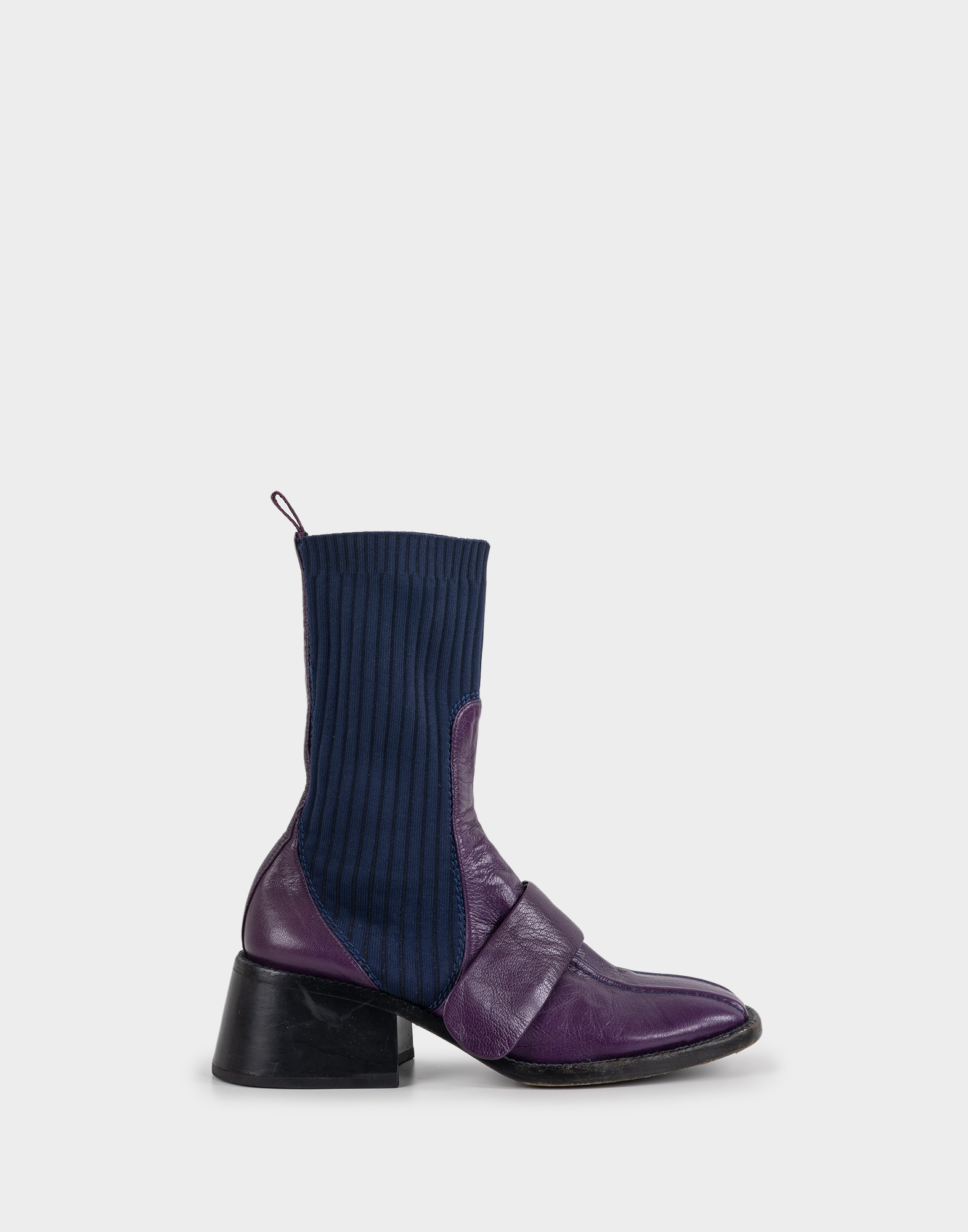 women's mid-calf ankle boots in purple calfskin with blue elastic, black heel