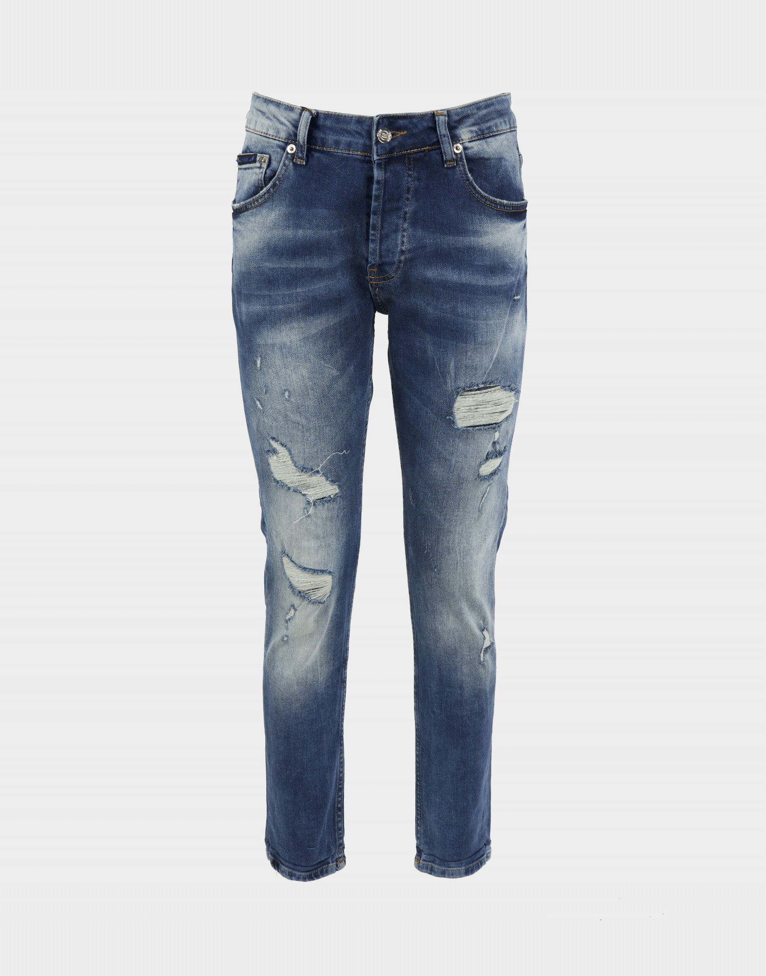 Women's denim jeans with distressing on the legs