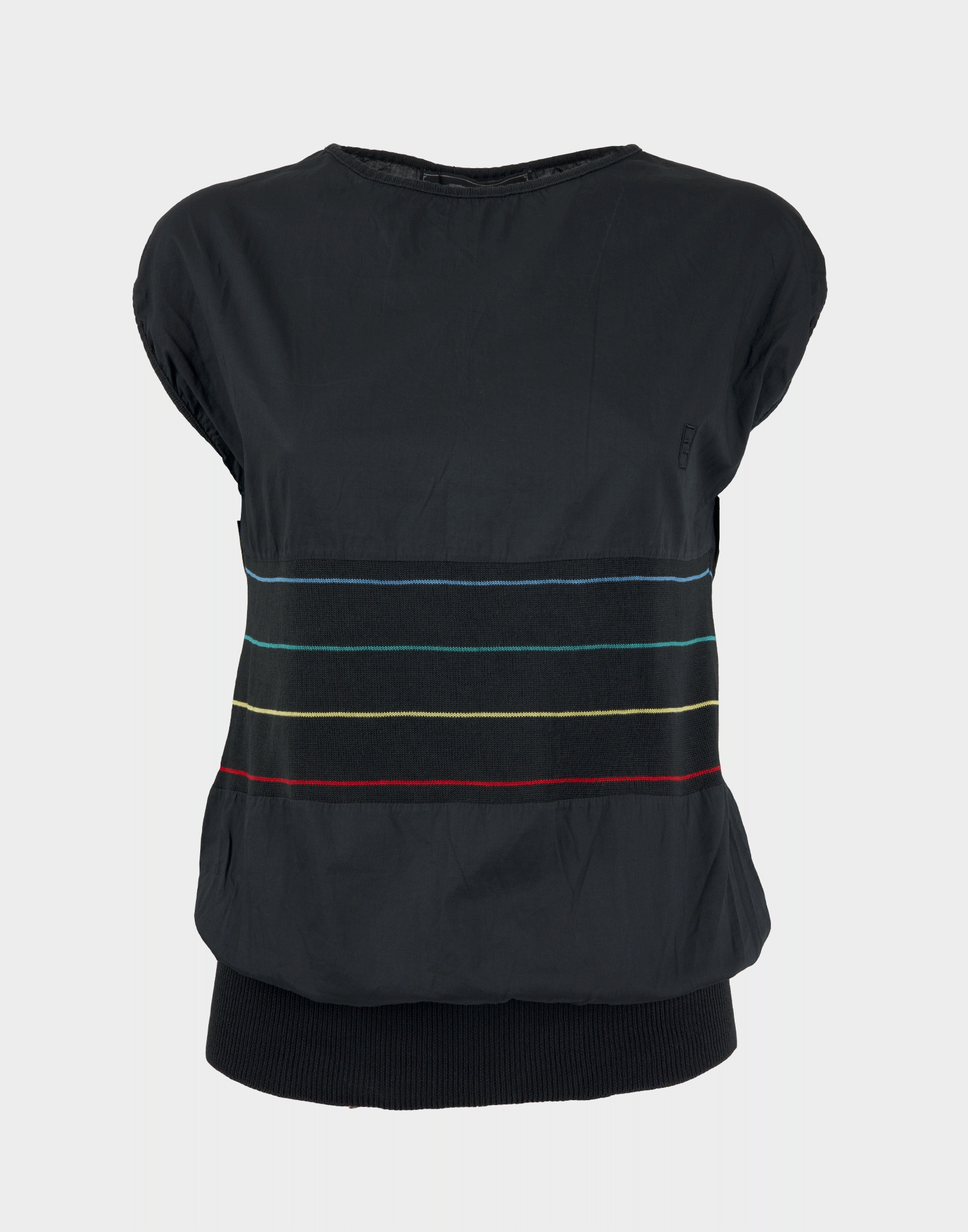 Women's blue sleeveless T-shirt with colorful details and an elastic waistband