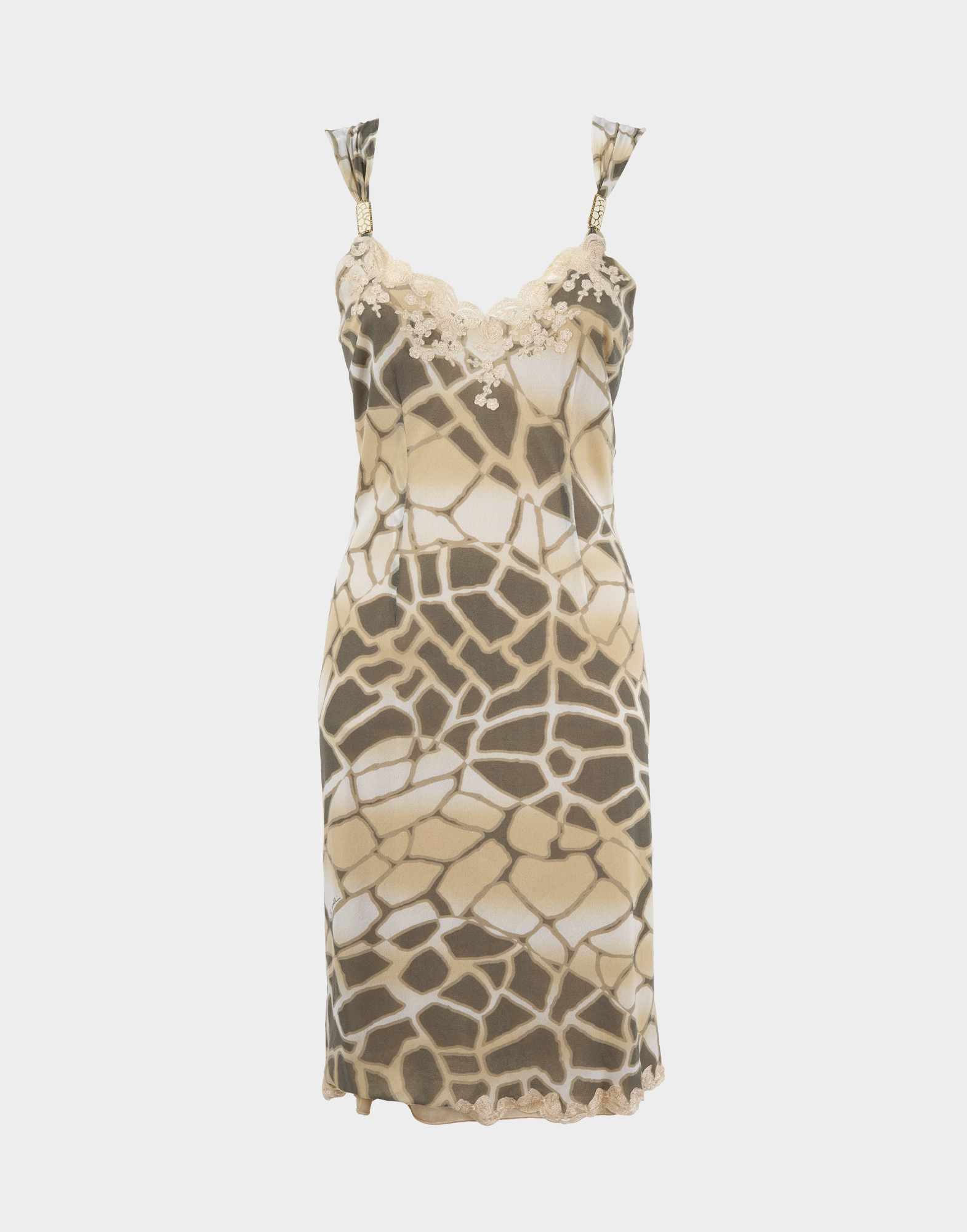 light women's dress with beige and brown animal pattern, straps with metallic details, lace neckline