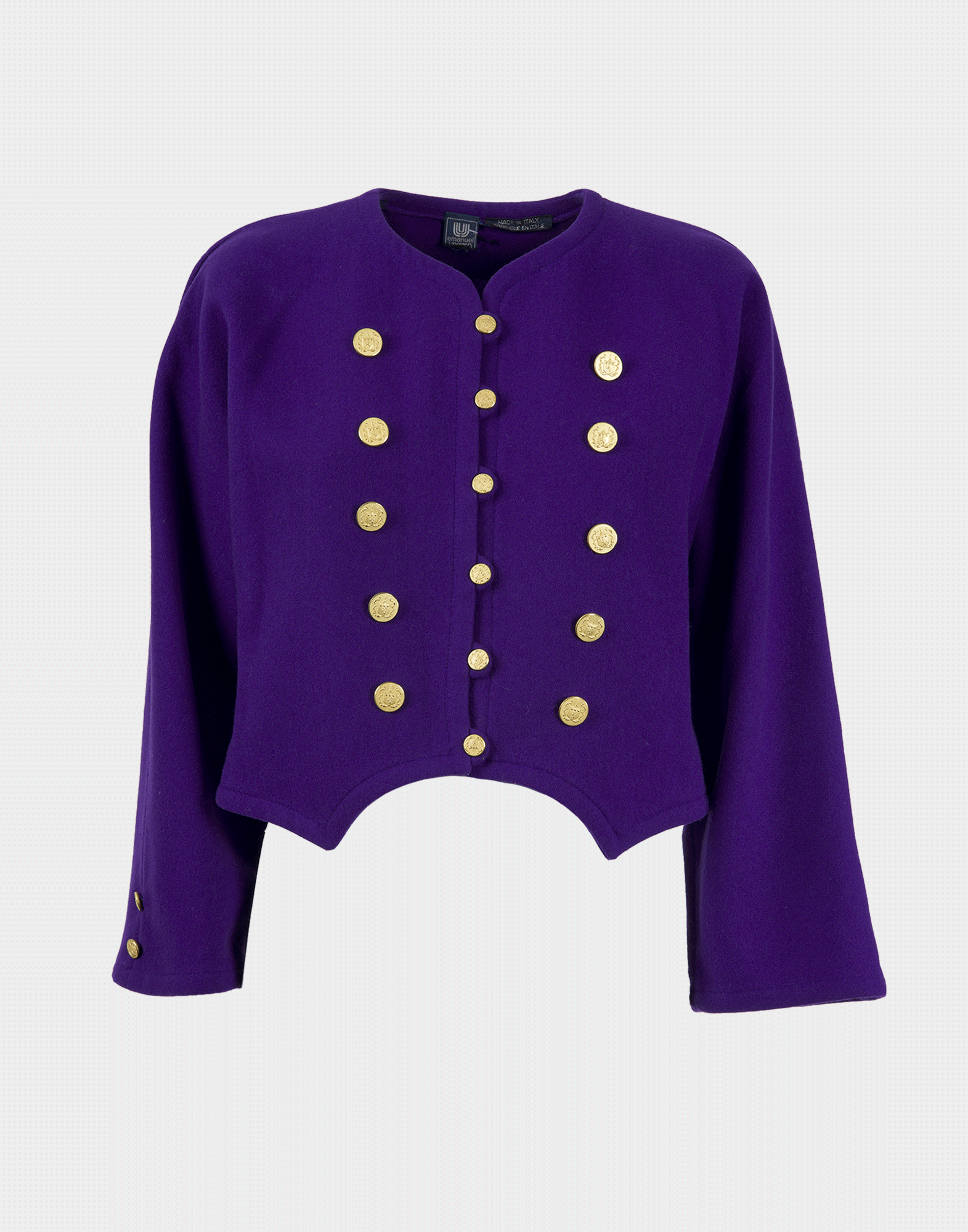Women's short purple jacket with an asymmetric cut and gold button details