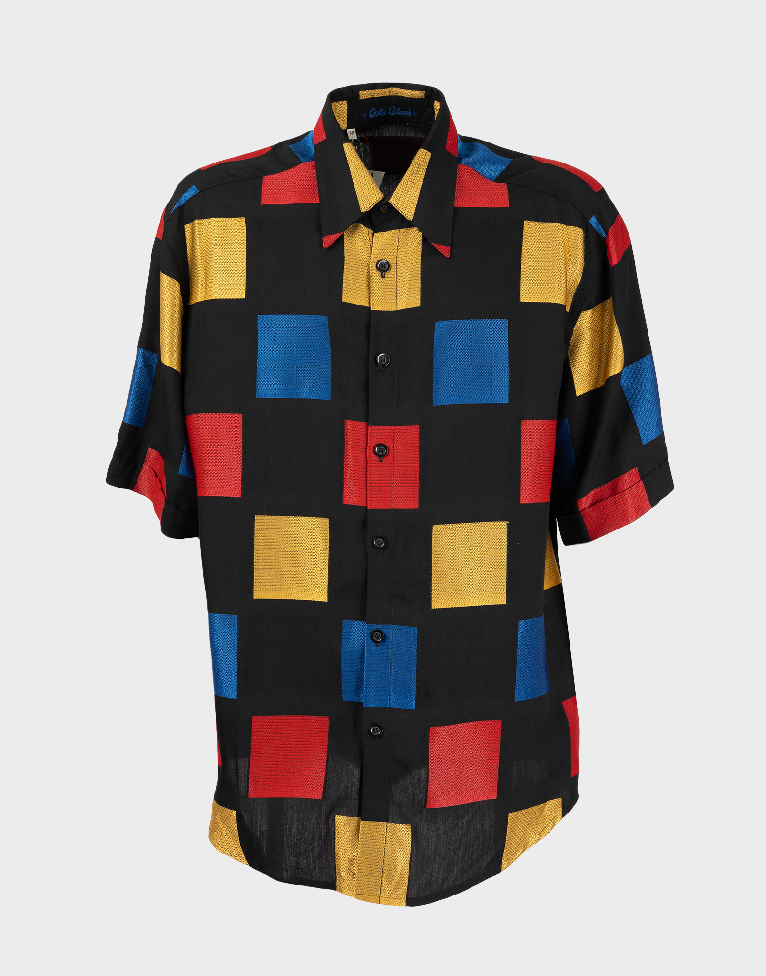 black men's short-sleeved shirt with multicoloured checked pattern