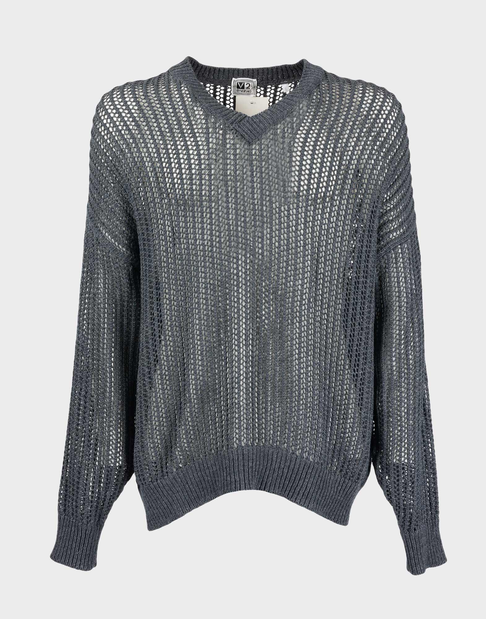 grey men's perforated jumper in transparent fabric and V-neckline