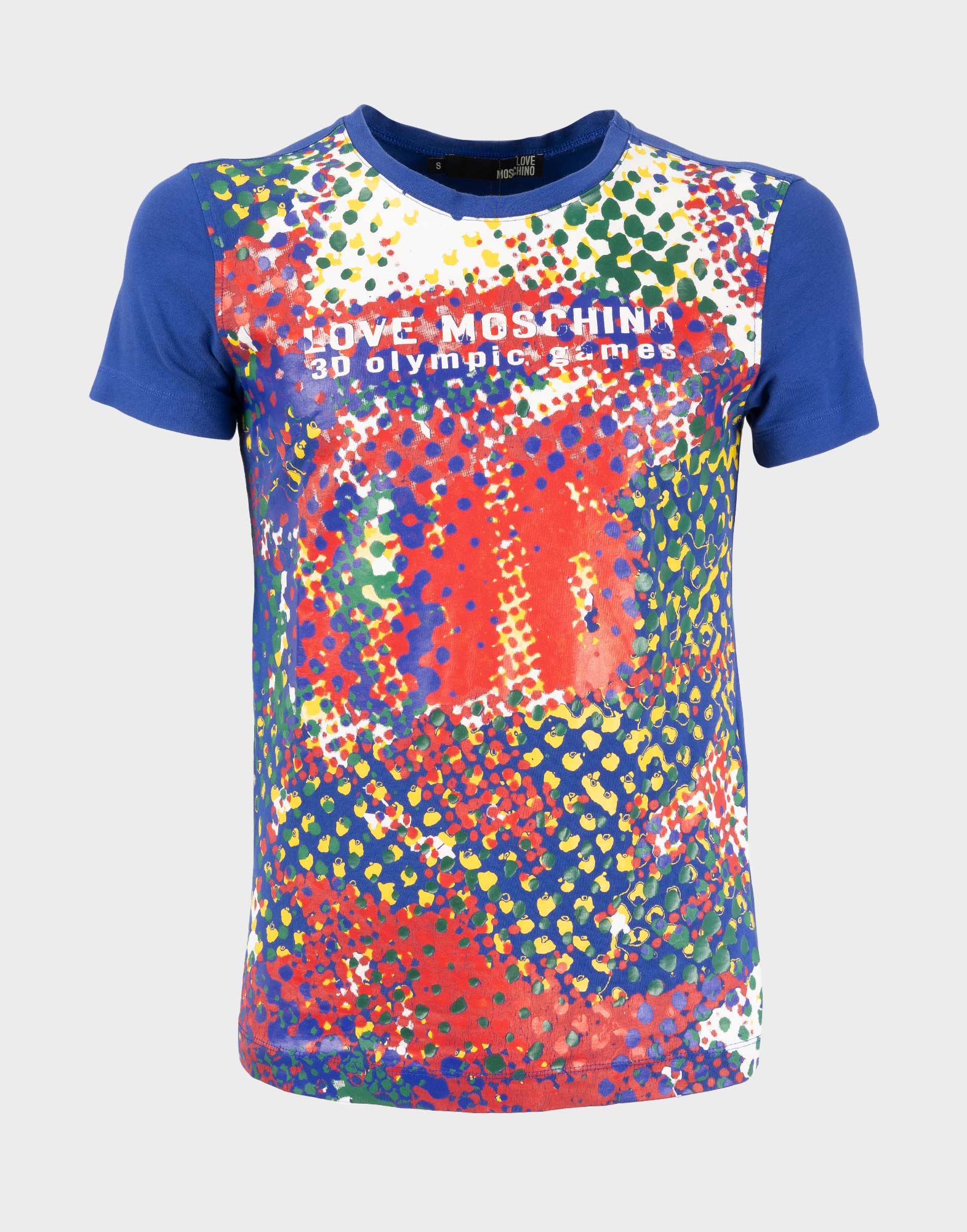 blue men's short-sleeved t-shirt with multicoloured print on the front