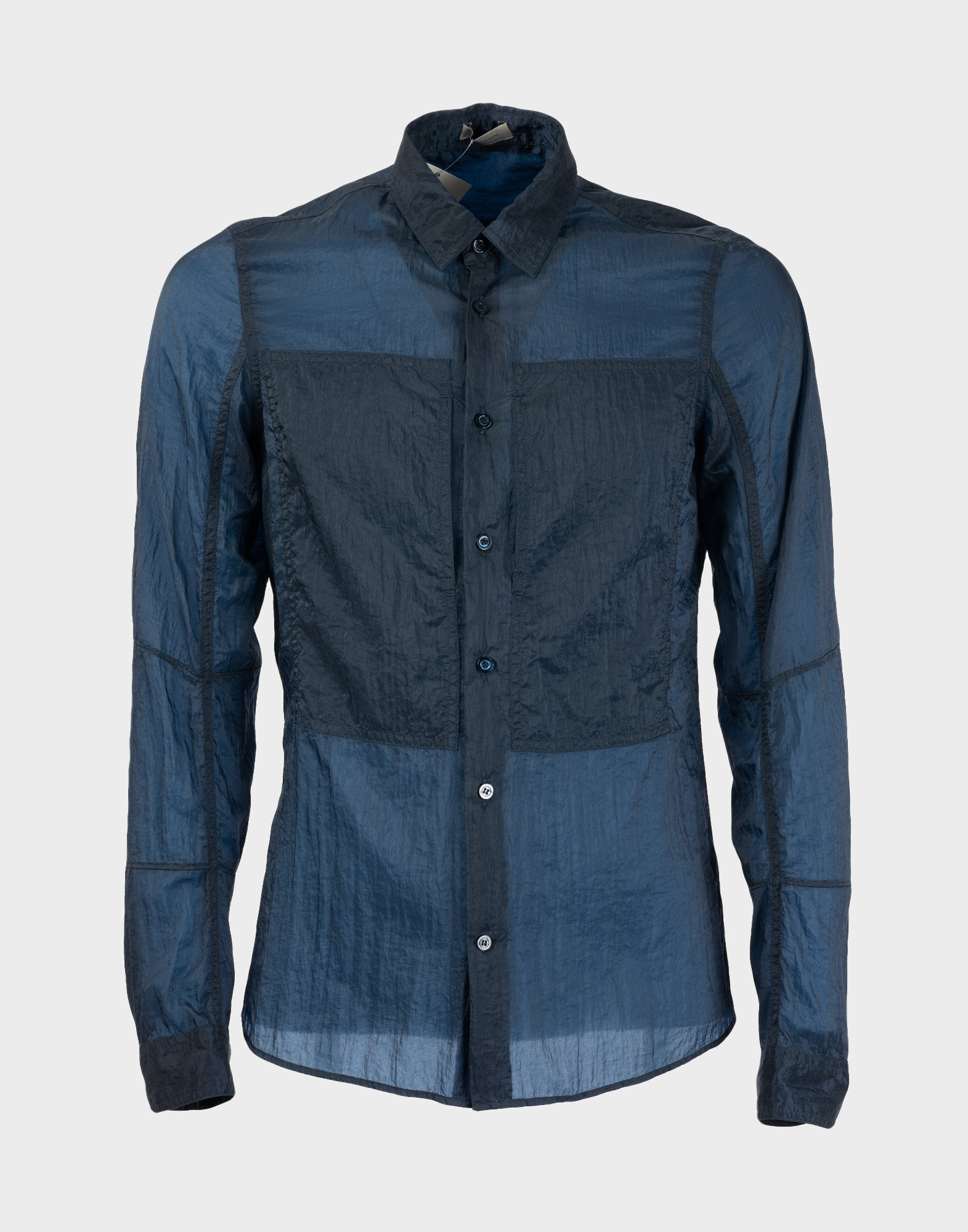 blue men's long-sleeved slim fit shirt in froissè fabric