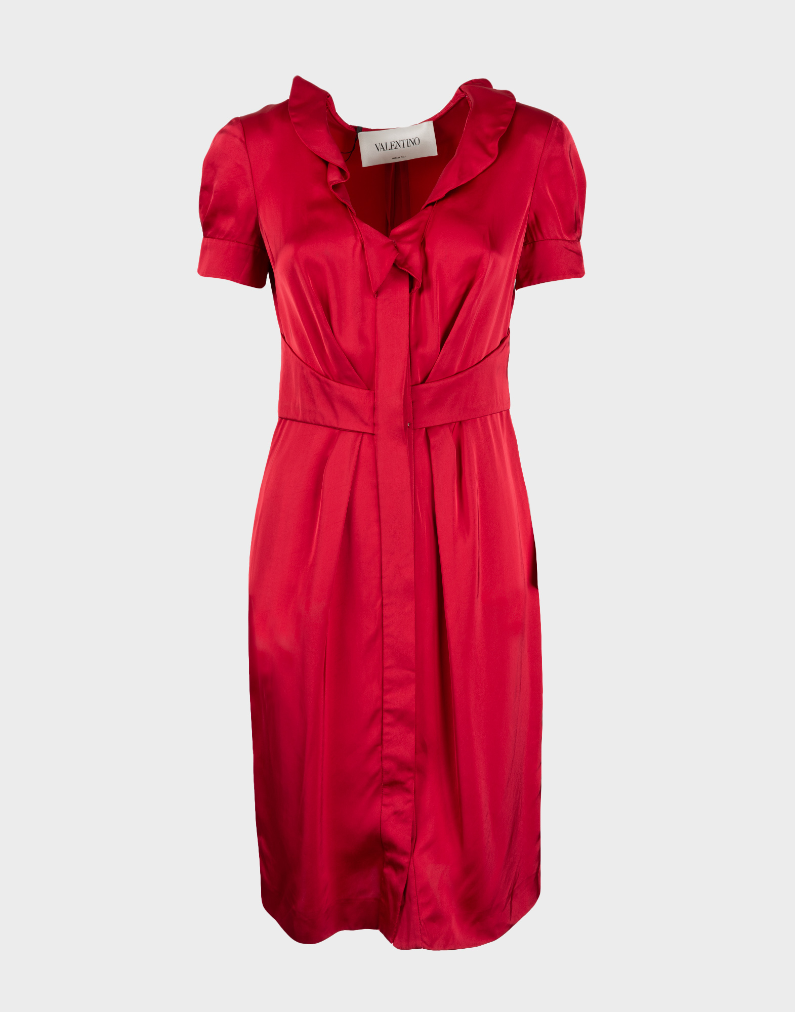 cherry-coloured women's chemisier dress, front fastening with concealed buttons, ruffles on the neckline and short sleeves
