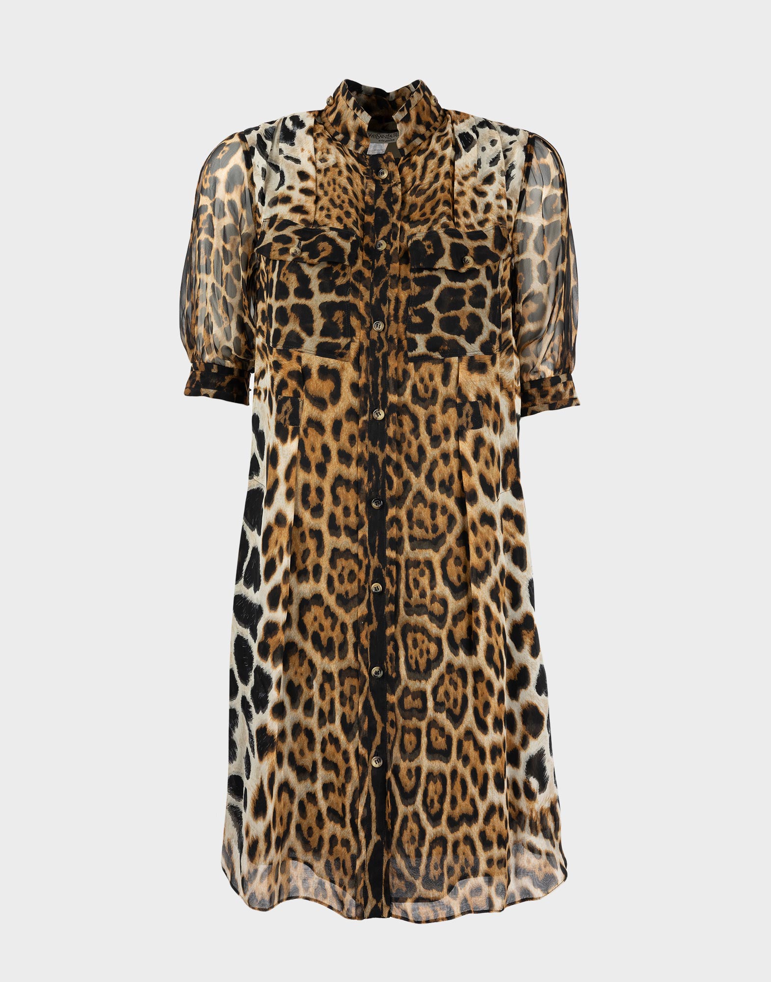 women's short-sleeved chemisier dress in semi-transparent fabric with animalier pattern